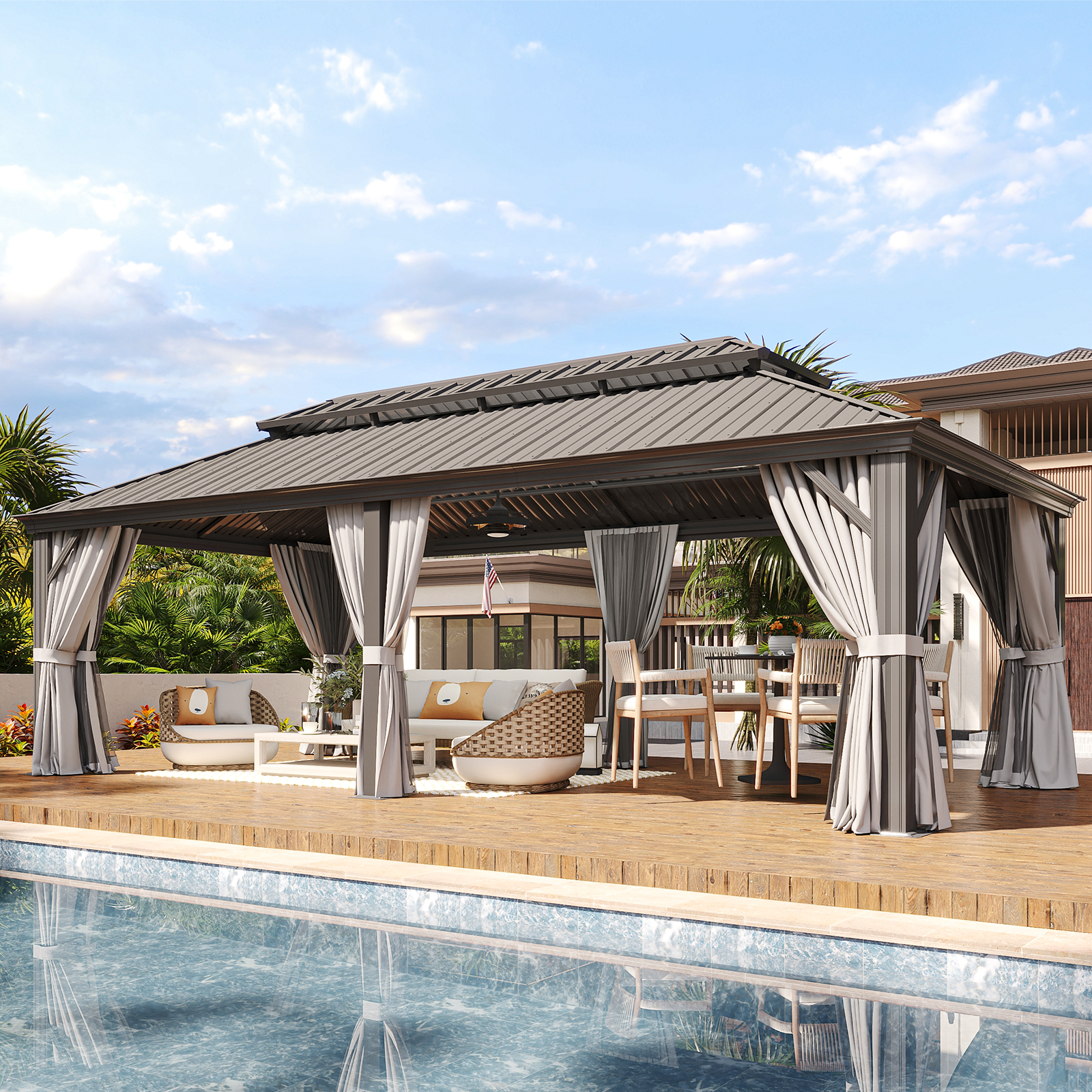 LET'S PATIO 12' x 16' Hardtop Gazebo, Permanent Aluminum Gazebo with Galvanized Steel Double Roof and Drainage System, Outdoor Metal Pavilion with Curtains and Netting for Patio, Deck and Lawn, Gray