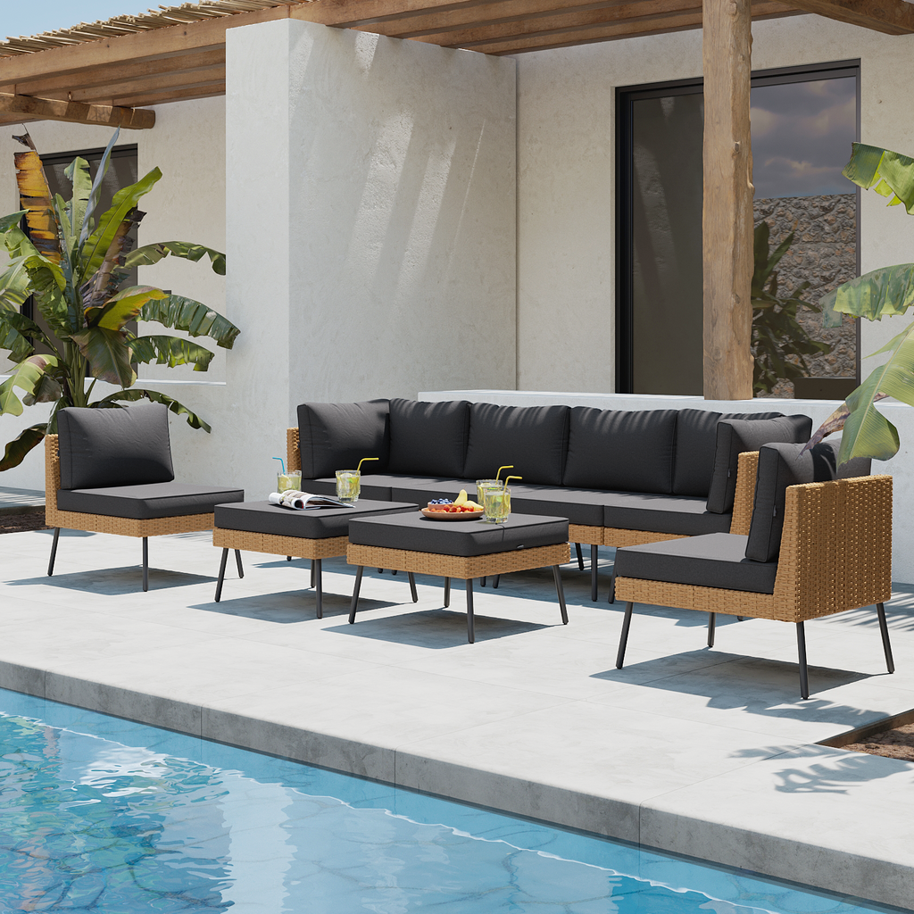 Aoxun 8 Piece Patio Furniture Set, 8 Seats Outdoor Sectional Sofas with Thick Cushion, Wicker Outdoor Patio Furniture Set with Ottomans for Party, Garden, Backyard