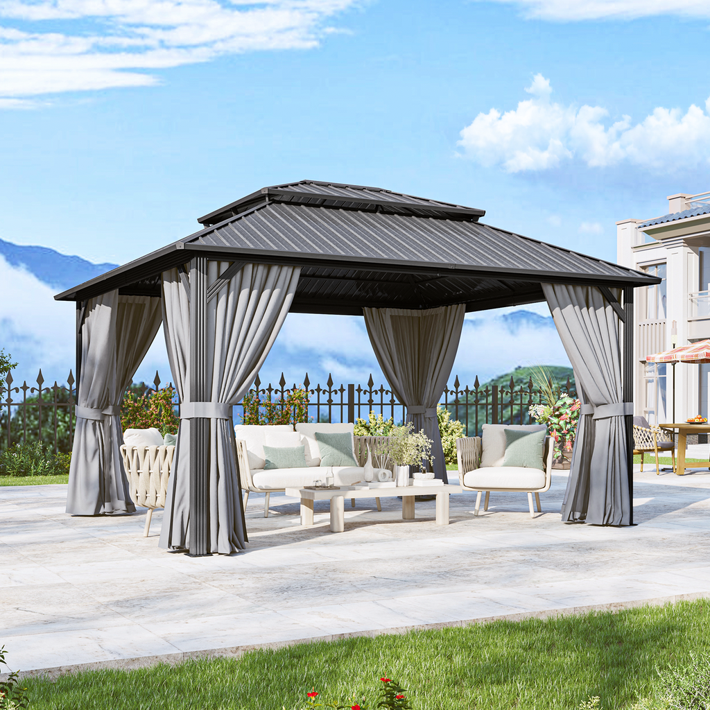 BinpLax 14x12FT Outdoor Gazebo - Heavy Duty Canopy Pavilion with Ventilated Double Roof, Patio Pergola with Netting for Pavilion for Party, Outdoor Dining, Wedding, Gray