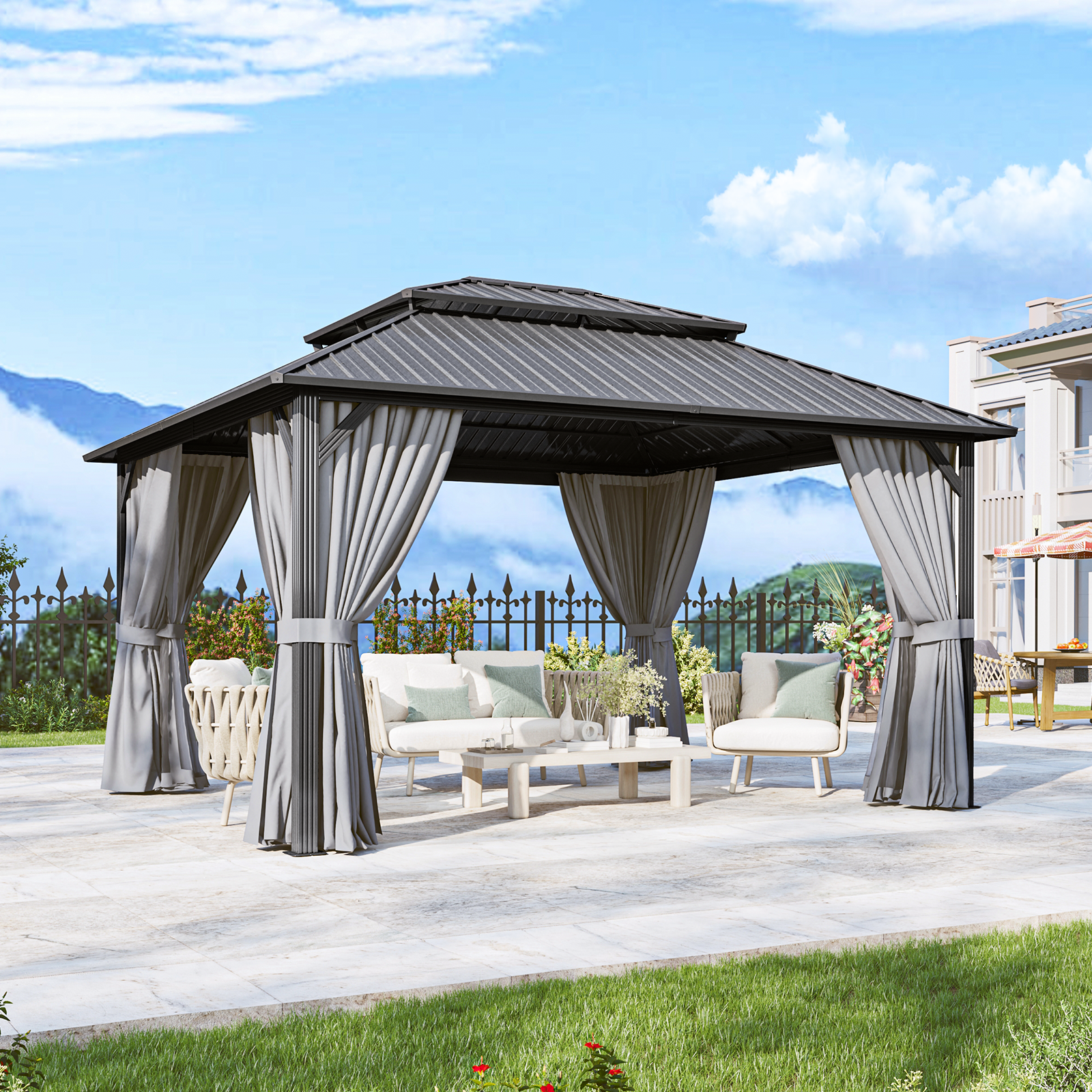 BinpLax 14x12FT Outdoor Gazebo - Heavy Duty Canopy Pavilion with Ventilated Double Roof, Patio Pergola with Netting for Pavilion for Party, Outdoor Dining, Wedding, Gray