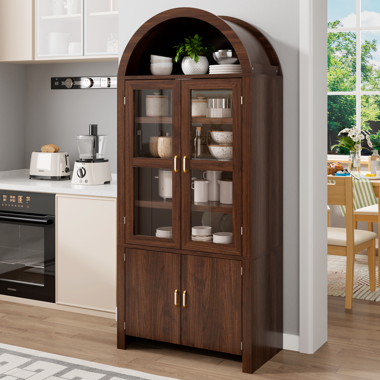 Tall Arched Kitchen Pantry, Modern Farmhouse Wood Kitchens Storage Cabinets