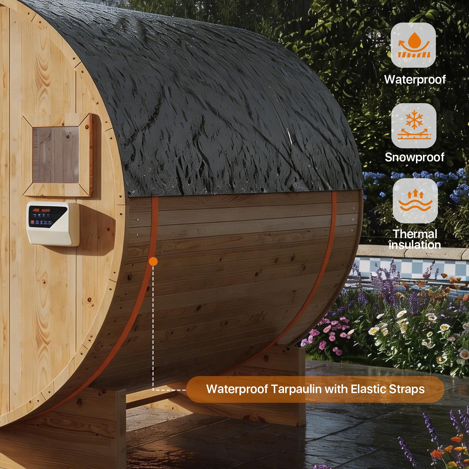 Aoxun Outdoor Barrel Sauna, 4-6 Person Tradition Wood Dry＆Steam Sauna with Sauna Stone, 220V/6KW Electric Heater