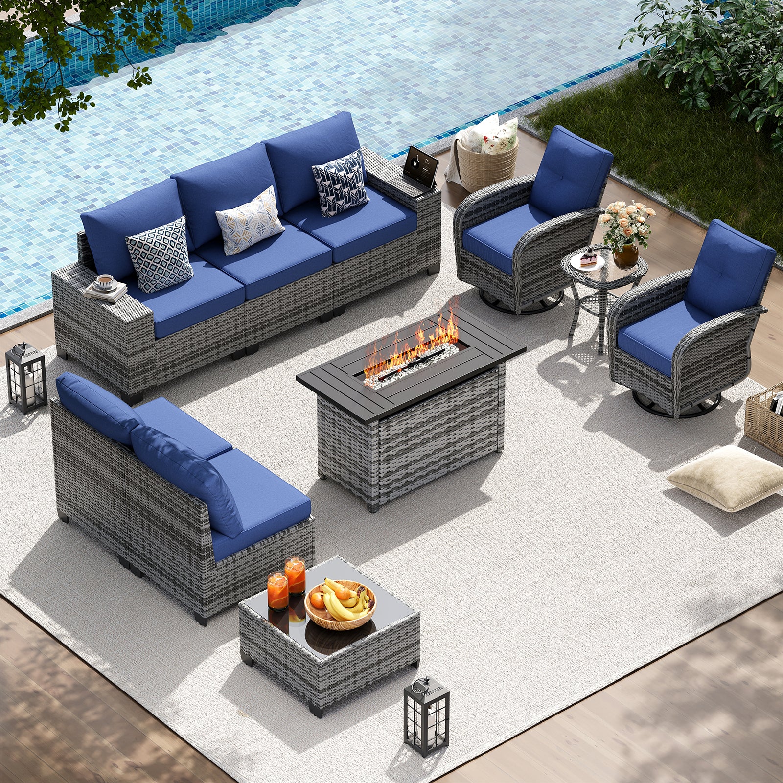 LazySunsets Patio Furniture Set, Outdoor Sectional All-Weather Wicker Conversation Set with Swivel Rocker Chairs, 4'' Thick Cushions for Backyard Poolside
