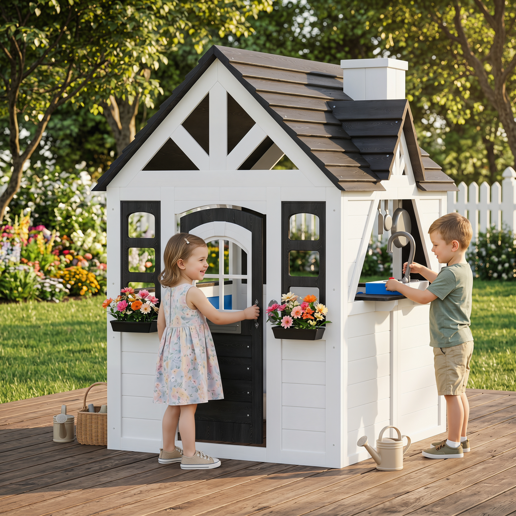 Aoxun Kids Outdoor Playhouse with Play Kitchen,Wooden Play House Playset Outdoor for Kids with Pet Door,Snack Bar,Doorbell, Flower Pots,Stove,Sink,Clock,Toddler Outside Playground for Garden,Backyard