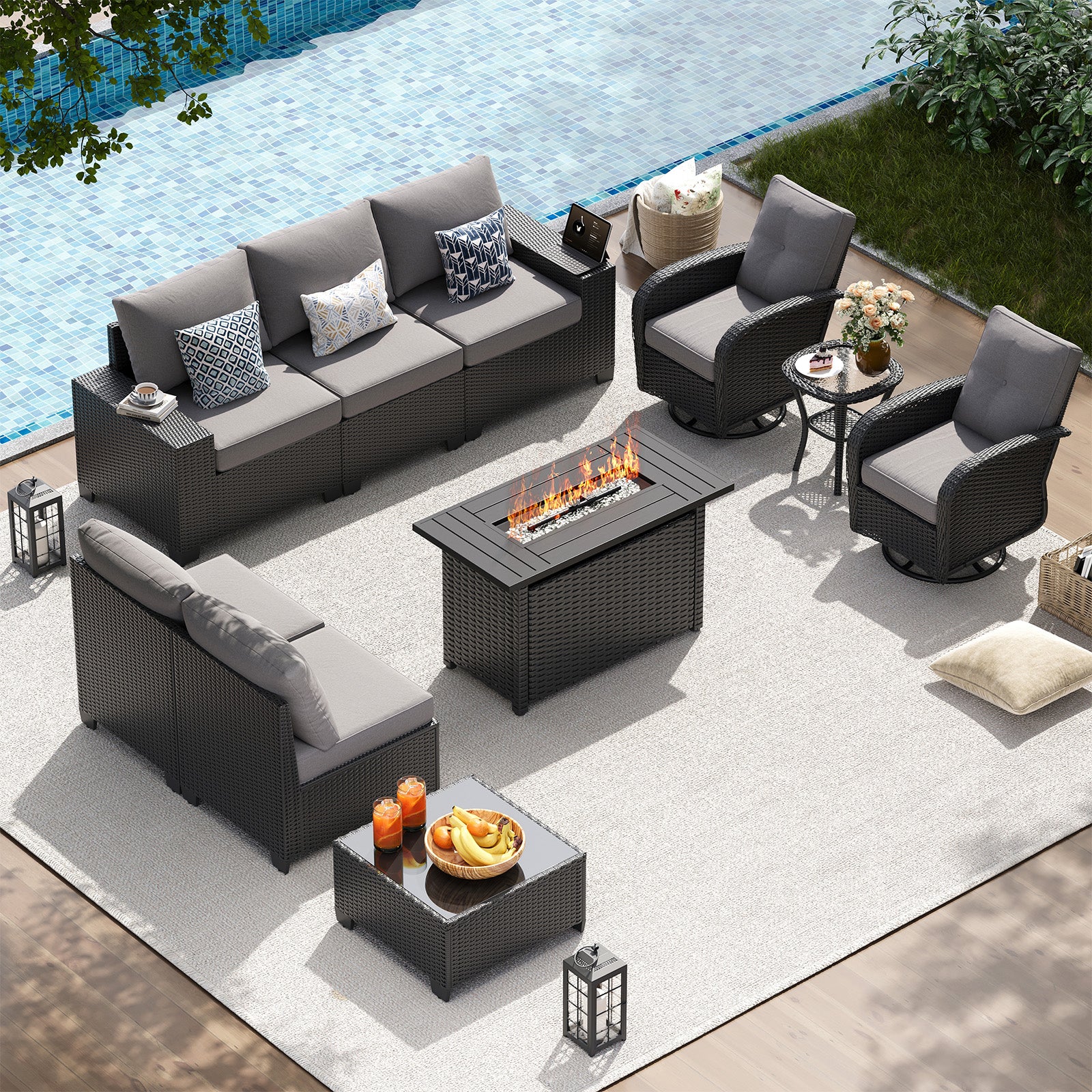 LazySunsets Patio Furniture Set, Outdoor Sectional All-Weather Wicker Conversation Set with Swivel Rocker Chairs, 4'' Thick Cushions for Backyard Poolside