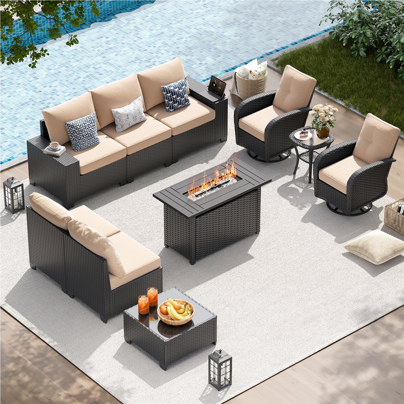 LazySunsets Patio Furniture Set, Outdoor Sectional All-Weather Wicker Conversation Set with Swivel Rocker Chairs, 4'' Thick Cushions for Backyard Poolside