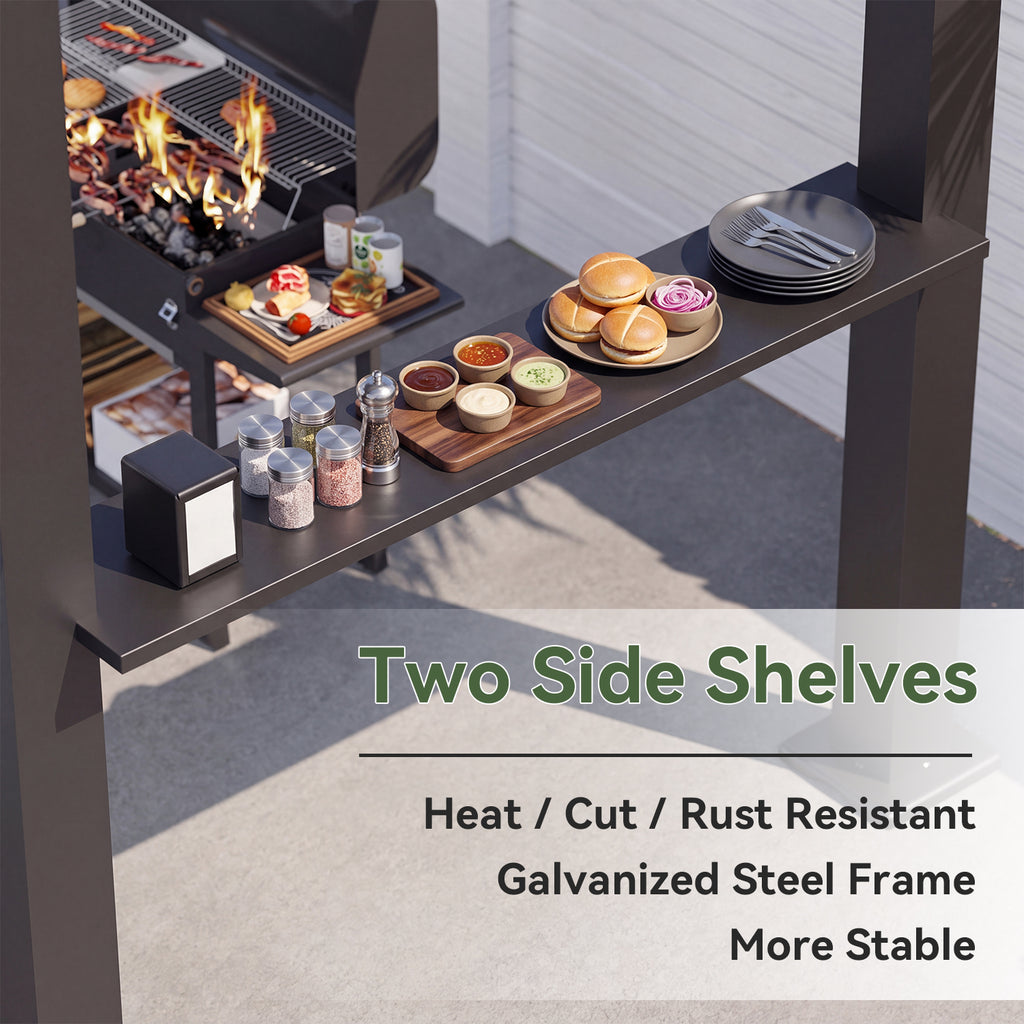 Aoxun 8x5 Grill Pergola, Louvered Pergola with 2 Side Shelves, Gray，Adjustable Louvered Roof 0-90° | Hidden Drainage System | Galvanized Steel Frame | Outdoor BBQ Station | 3.8" Thick Posts