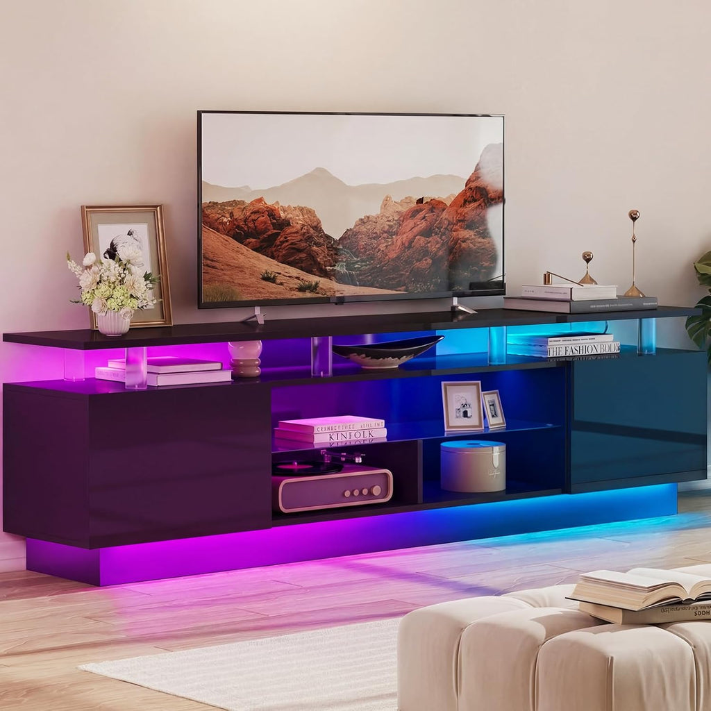 Nordivale 80” High-Glossy TV Stand with 2 Side Cabinets, Storage Entertainment Center, Modern Stylish TV Console with 3 Layer LED Lights&Power Outlets,Remote&APP Control for Living Room Use Black
