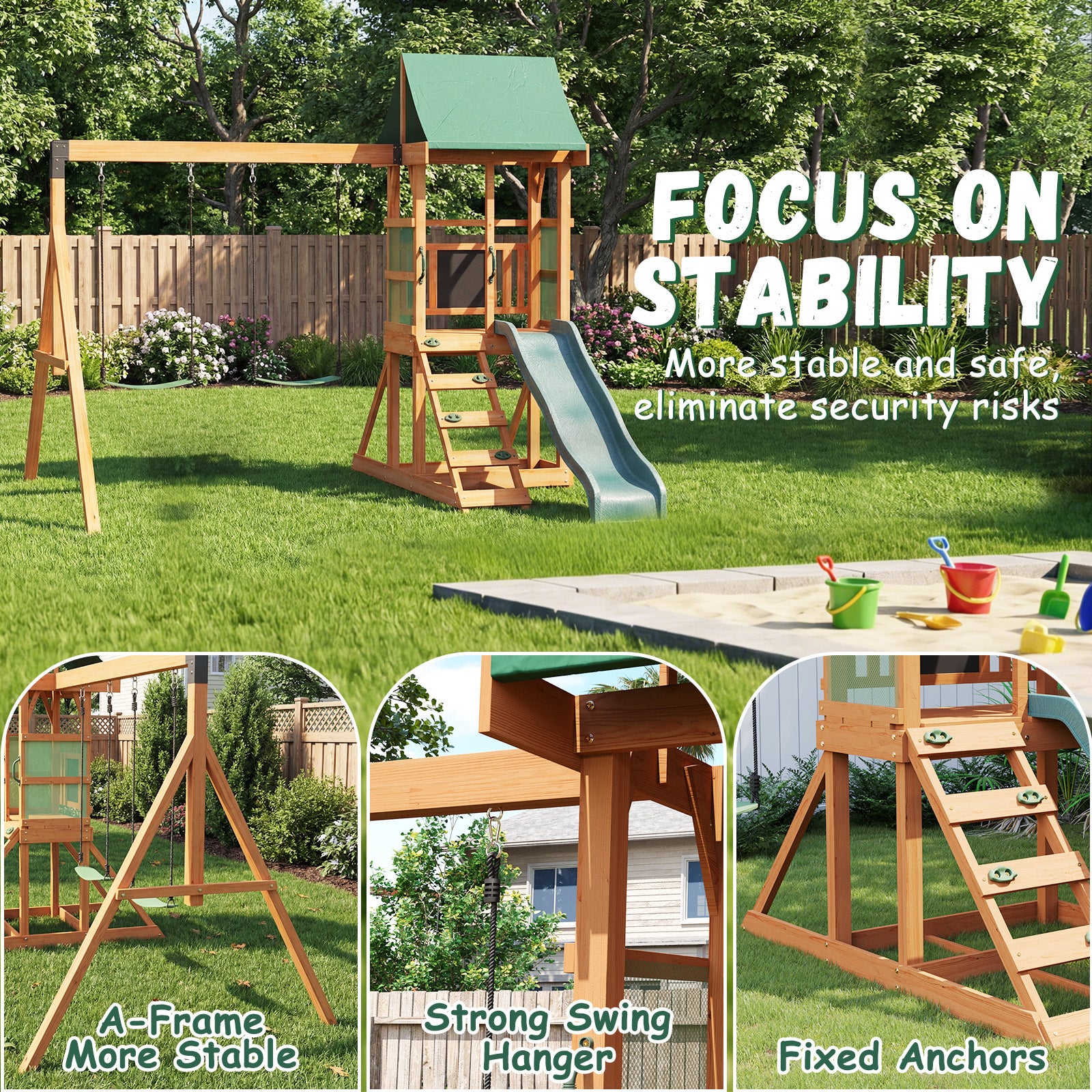 Binplax Wooden Swing Sets for Backyard,Outdoor Playset, Kids Playground Set with 6 FT Wave Slide, Rock Wall Ladder, 2 Belt Swings, Chalkboard, Canopy Roof, Green