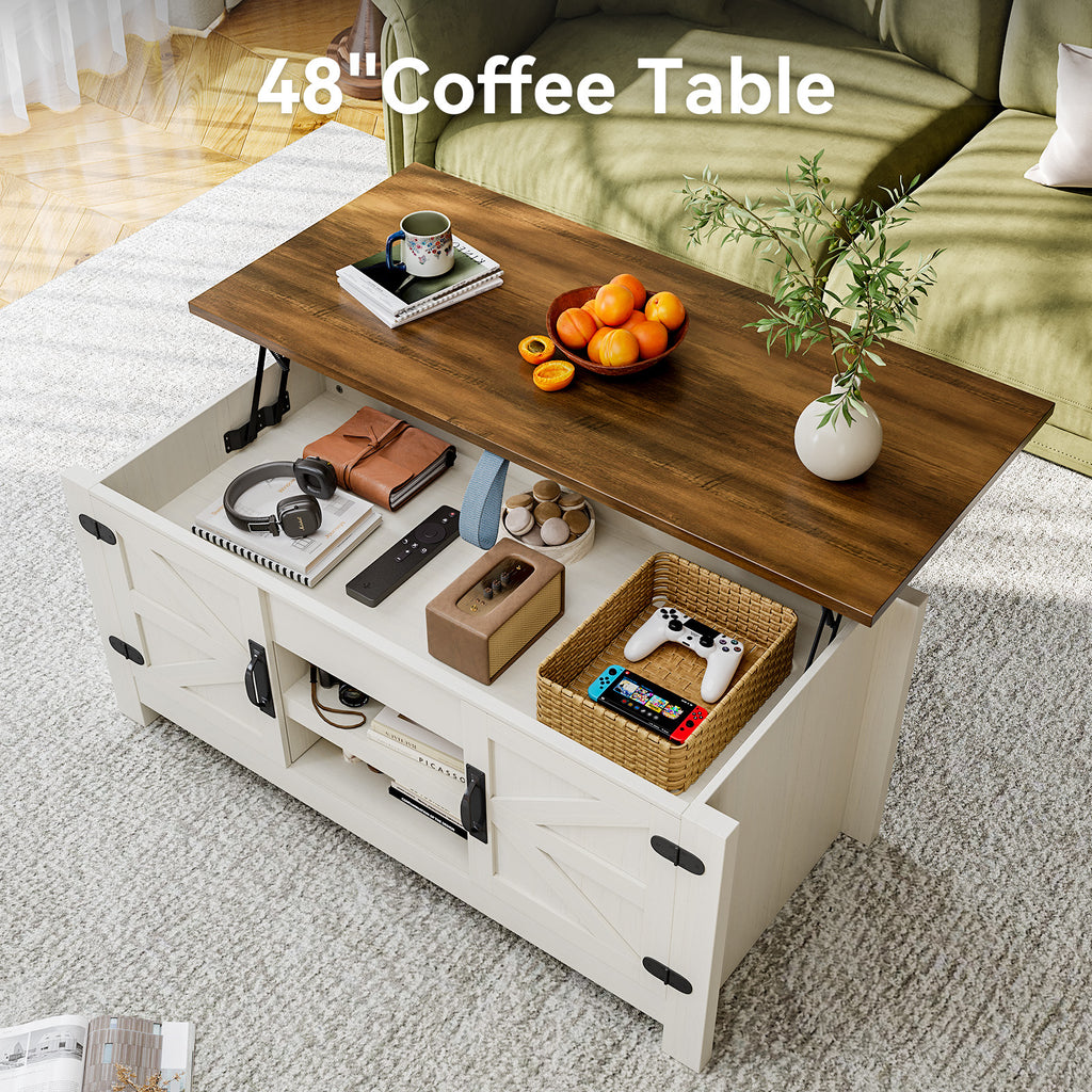 Breezestival Farmhouse Lift Top Coffee Table with Barn Door, 48" Rustic Center Table with Hidden Storage Compartment, Lifting Tabletop and Adjustable Shelf for Living Room, Office, White
