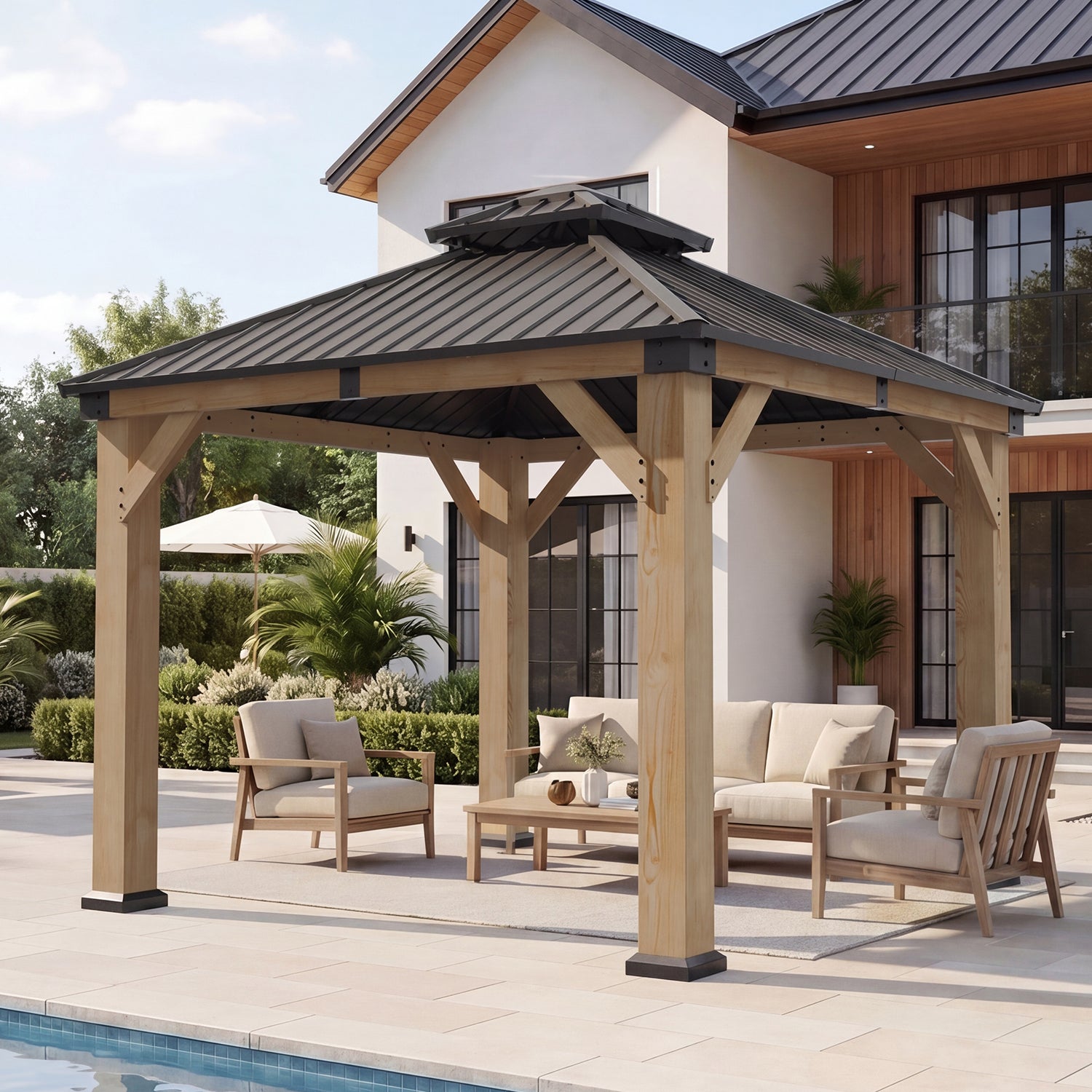 Aoxun 12' x 16' Outdoor Wood Gazebo, Hardtop Gazebo Permanent Wooden Pavilion with Galvanized Steel Double Roof, for Garden, Backyard, Patio, Cedar Wood, Grey