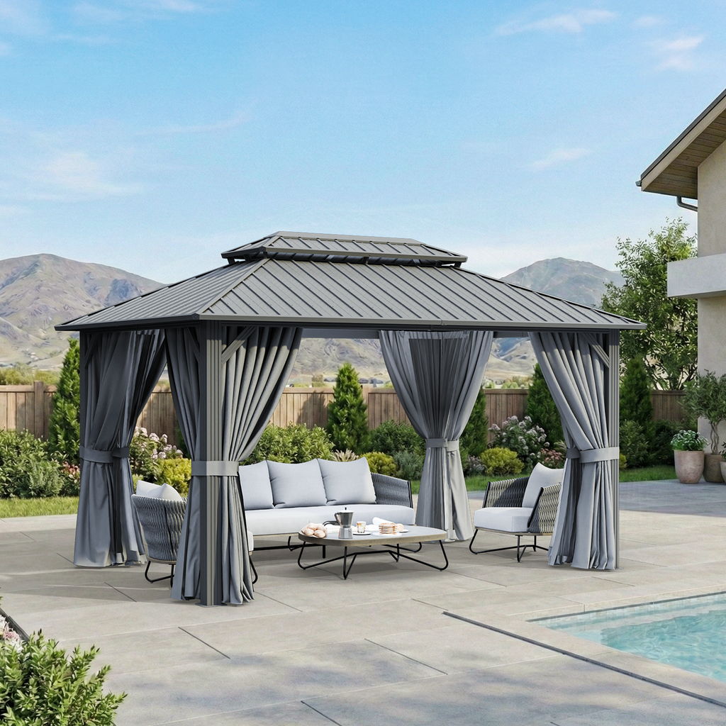 BinpLax 14x10FT Outdoor Gazebo - Hardtop Pergolas for Patios with Curtains and Netting Included, Permanent Gazebo Pavilion with Double Galvanized Steel Roof for Party, Outdoor Dining, Wedding, Gray