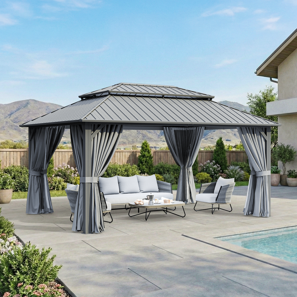 BinpLax 16x12FT Outdoor Gazebo - Heavy Duty Canopy Pavilion with Ventilated Double Roof, Patio Pergola with Netting for Pavilion for Party, Outdoor Dining, Wedding, Gray