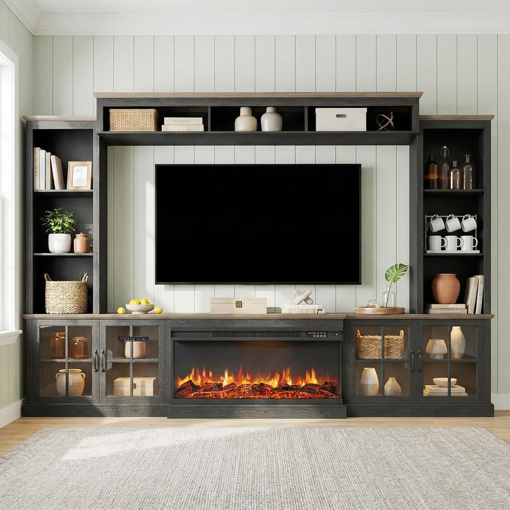 Breezestival Black Farmhouse TV Stand with Fireplace, Entertainment Center, 98" Wall Unit Media Console with Bookshelf, Cabinet &amp; Power Outlets &amp; Barn Doors, Fits TVs Up to 75” for Living Room