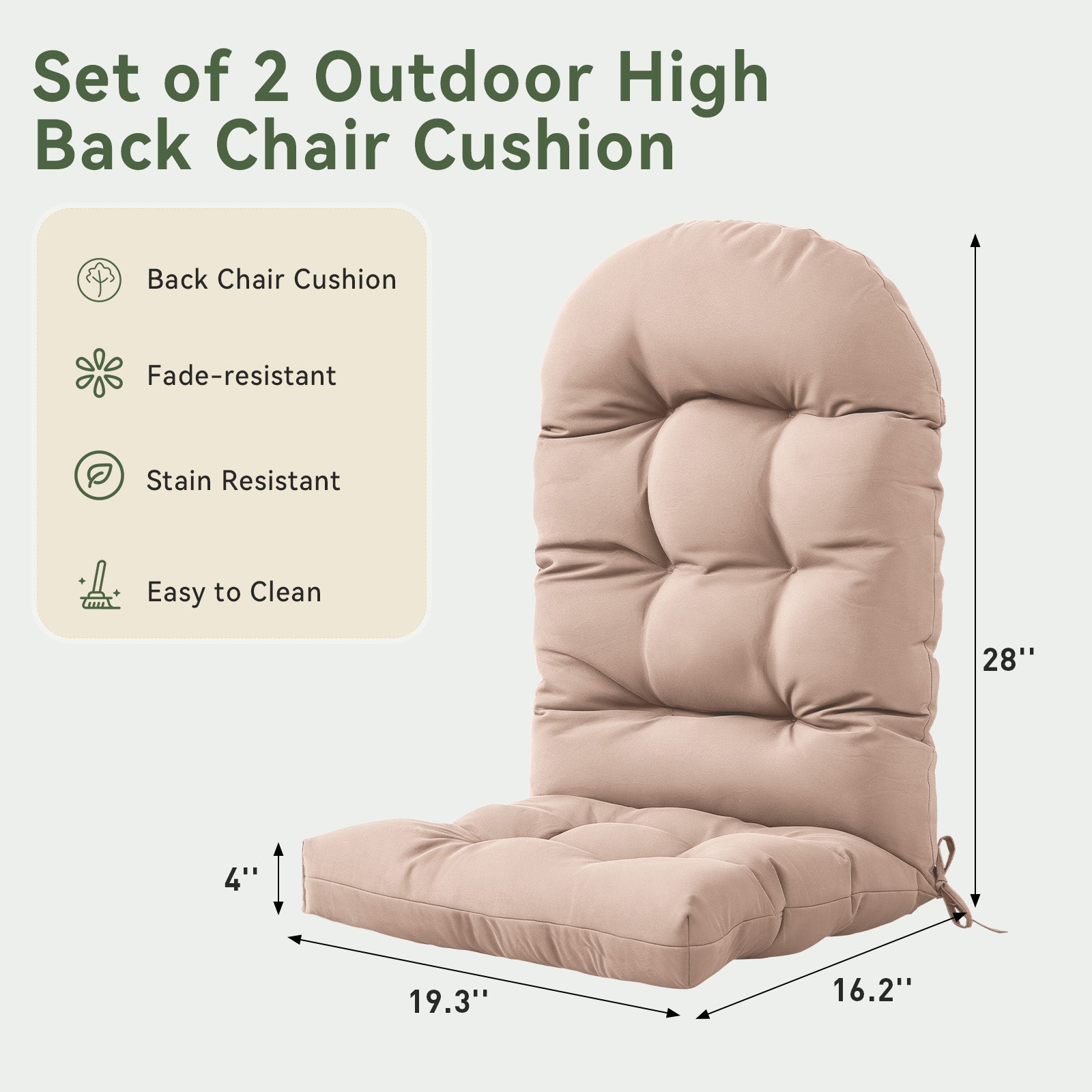 Aoxun Adirondack Chair Cushion, Indoor/Outdoor Rocking Chair Cushion with Ties, Thickened High Back Patio Chair Cushions with High Elasticity PP Cotton Water-Resistant, 2-Pack, Grey