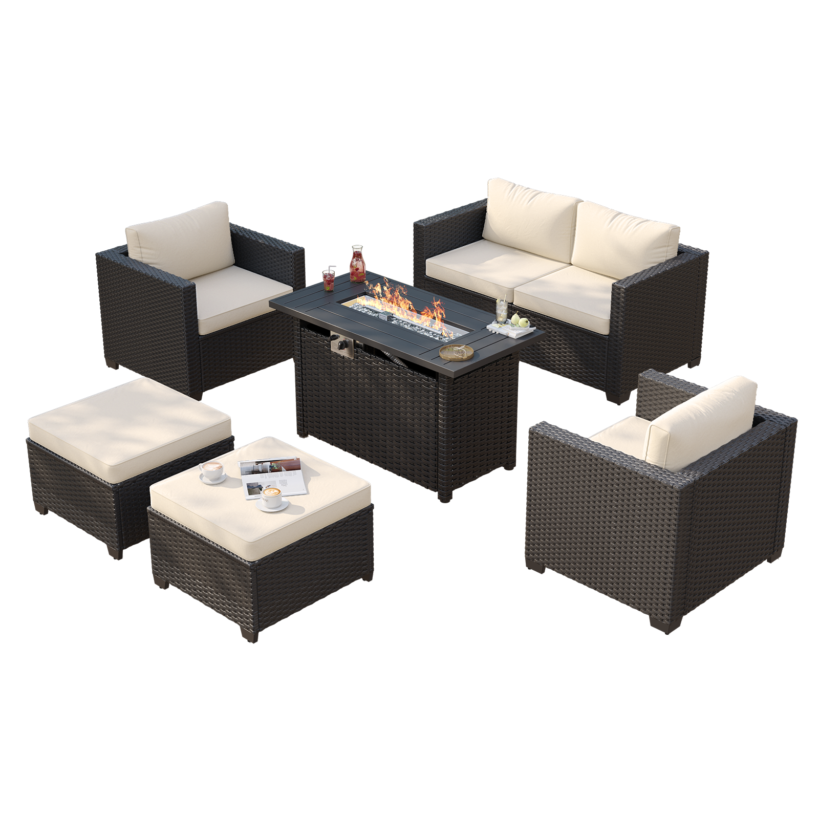 Aoxun Patio Furniture Set with Fire Pit Table, 6 Seats Outdoor Furniture Set with Wicker Ottomans, Rattan Outdoor Sectional Sofa with Thickened Cushion & Waterproof Cover Navy Blue