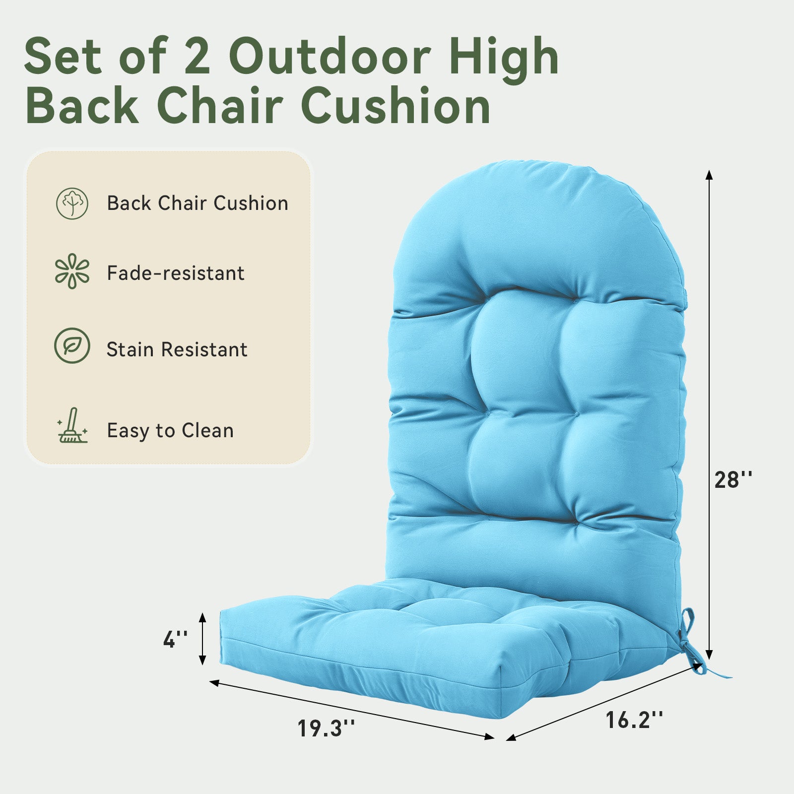 Aoxun Adirondack Chair Cushion, Indoor/Outdoor Rocking Chair Cushion with Ties, Thickened High Back Patio Chair Cushions with High Elasticity PP Cotton Water-Resistant, 2-Pack, Grey