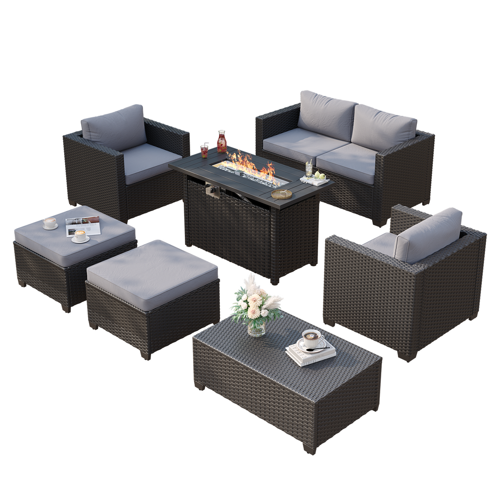 Aoxun Patio Furniture Set with Fire Pit Table, 6 Seats Outdoor Furniture Set with Wicker Ottomans, Rattan Outdoor Sectional Sofa with Thickened Cushion & Waterproof Cover Navy Blue