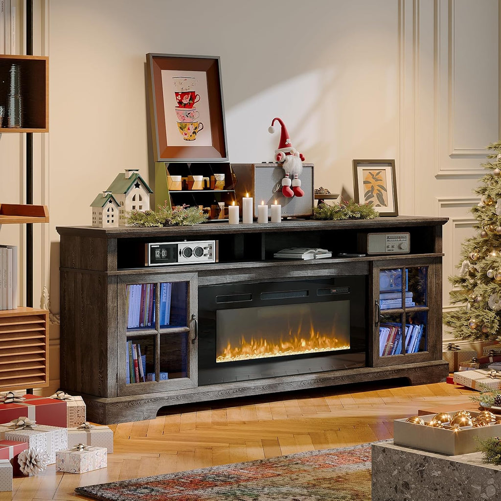 Nordivale 70" Fireplace TV Stand, Modern Entertainment Center for TVs Up to 80”, TV Console with Storage Cabinets, Media Console for Living Room, Gray...