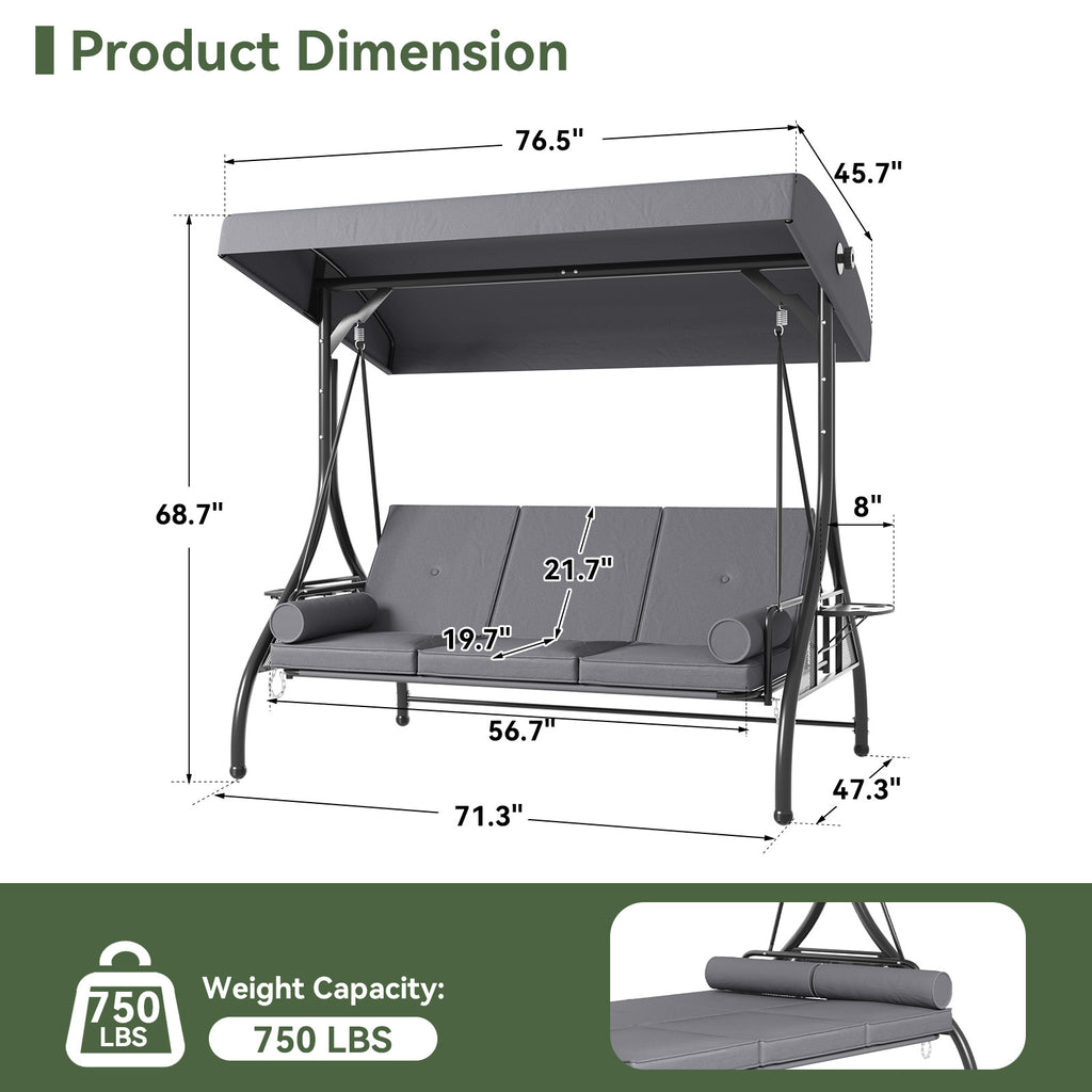 Aoxun Outdoor Porch Swing with Stand and Canopy, 3 Seats Outdoor Swings for Adults, Convertible 2 in 1 Swing Bed with Cup Holder, Patio Swings with Thicken Cushions for Garden, Yard & Balcony