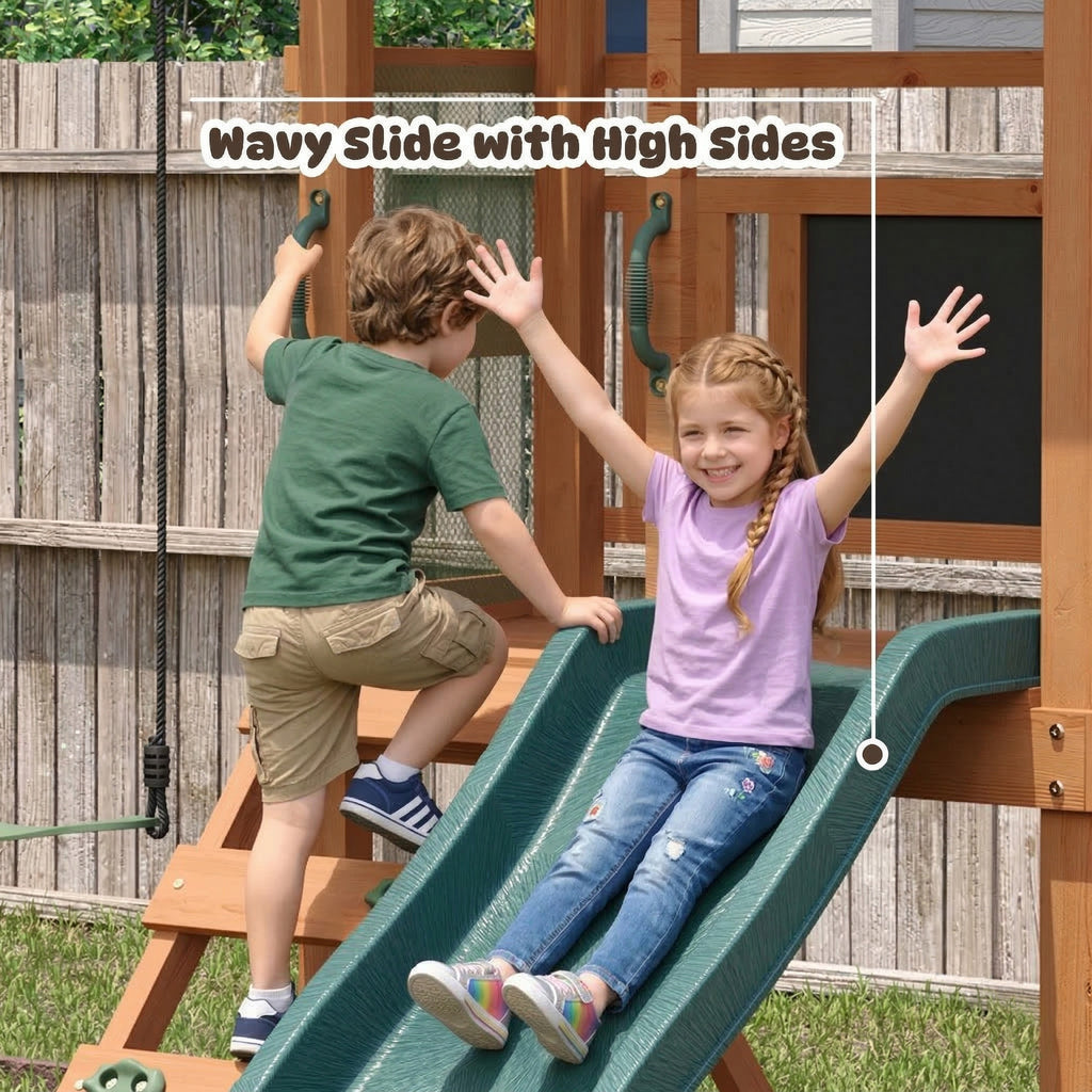 Wooden Swing Sets for Backyard - Playground Sets for Backyards, Kids Outdoor Playset with 6 FT Wave Slide, Play Deck, Rock Wall Ladder, 2 Belt Swings, Chalkboard, Canopy Roof, Green
