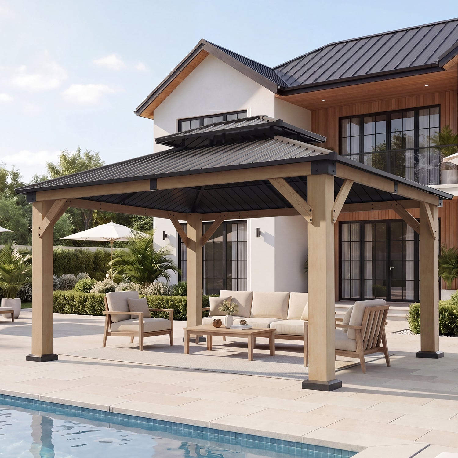 Aoxun 12' x 16' Outdoor Wood Gazebo, Hardtop Gazebo Permanent Wooden Pavilion with Galvanized Steel Double Roof, for Garden, Backyard, Patio, Cedar Wood, Grey
