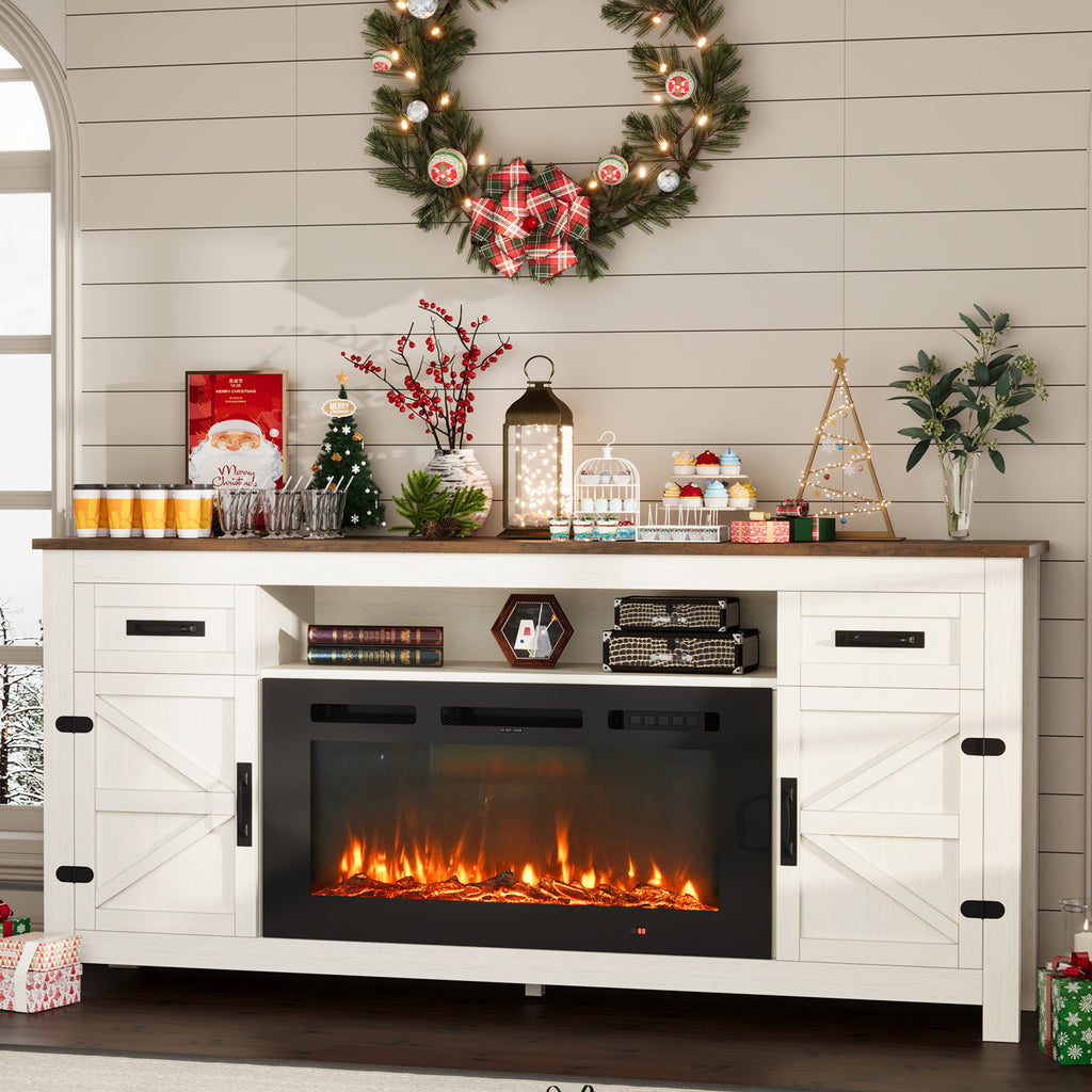 Nordivale Fireplace TV Stand with Barn Door for TVs up to 80", Farmhouse 70" Fireplace Entertainment Center with Storage Cabinets, White & Black