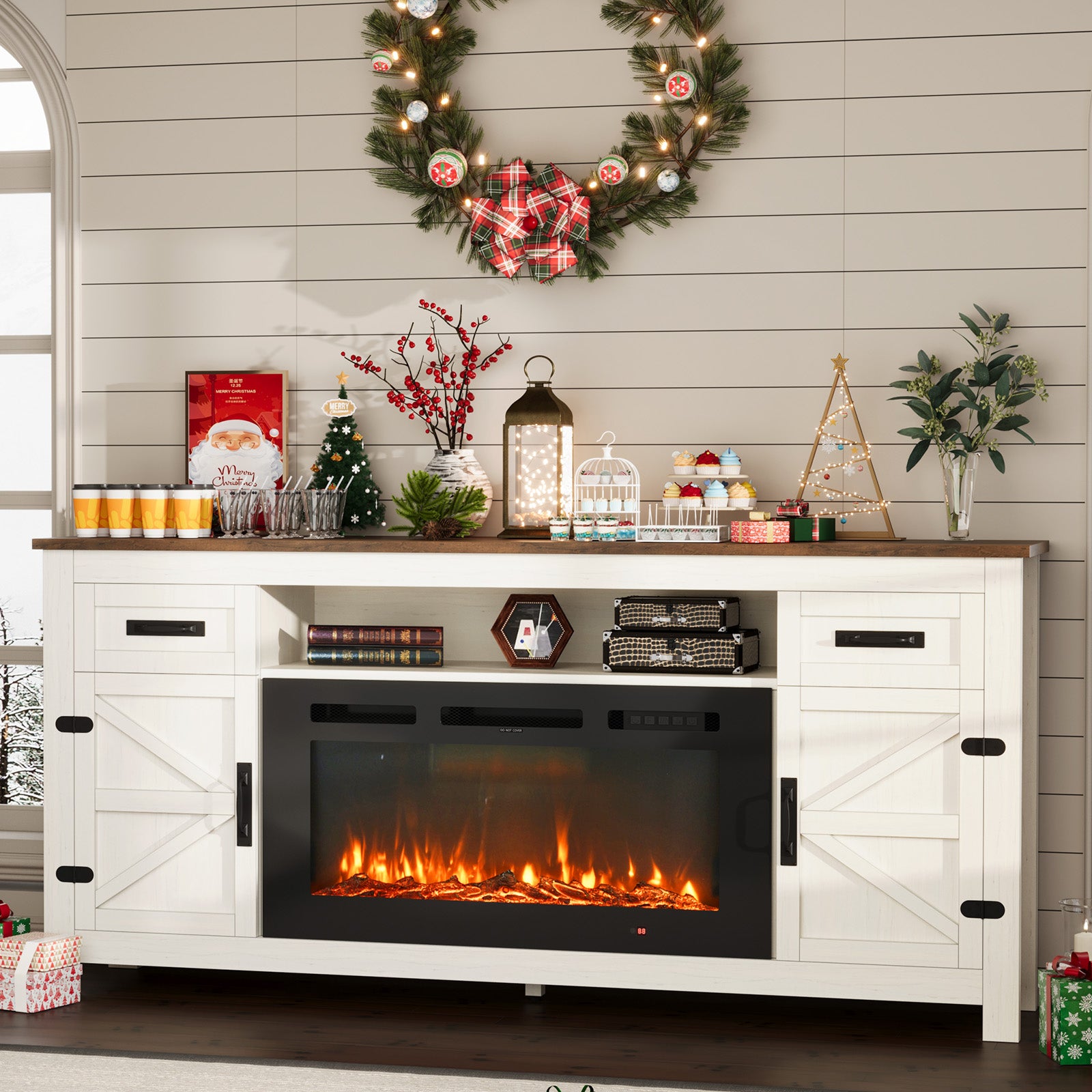 Nordivale Fireplace TV Stand with Barn Door for TVs up to 80", Farmhouse 70" Fireplace Entertainment Center with Storage Cabinets, White & Black