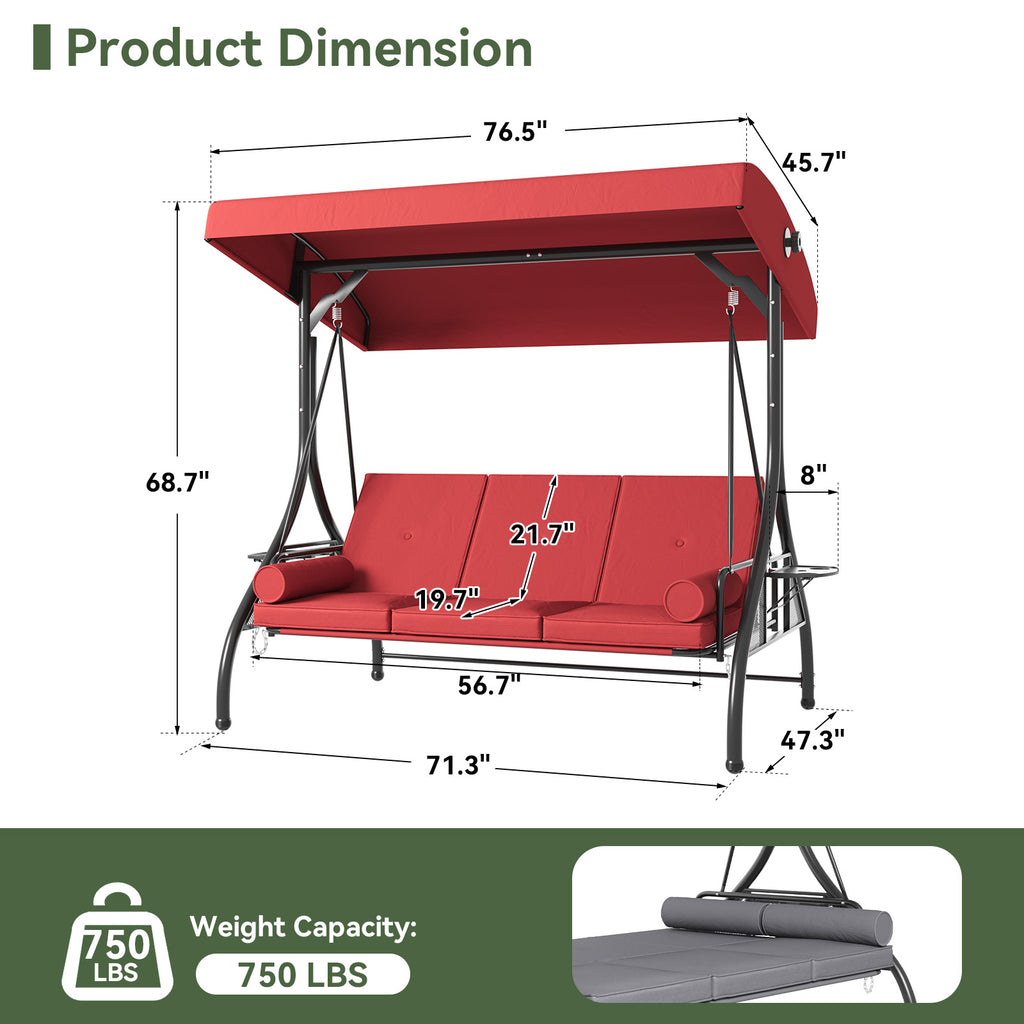 Aoxun Outdoor Porch Swing with Stand and Canopy, 3 Seats Outdoor Swings for Adults, Convertible 2 in 1 Swing Bed with Cup Holder, Patio Swings with Thicken Cushions for Garden, Yard & Balcony