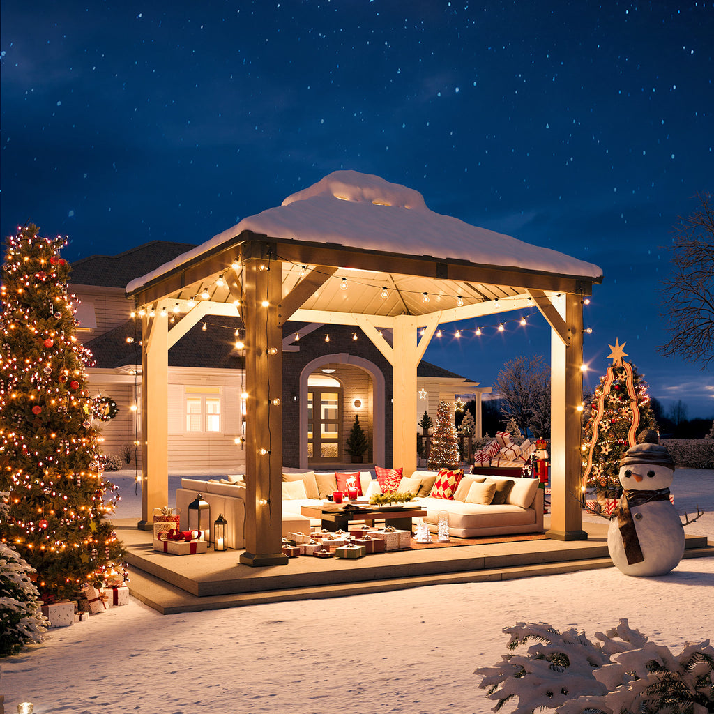 LET’S PATIO  Outdoor Double Roof Wood Gazebo, Hardtop Gazebo Permanent Wooden Pavilion with Galvanized Steel Double Top, for Patio, Garden, Deck