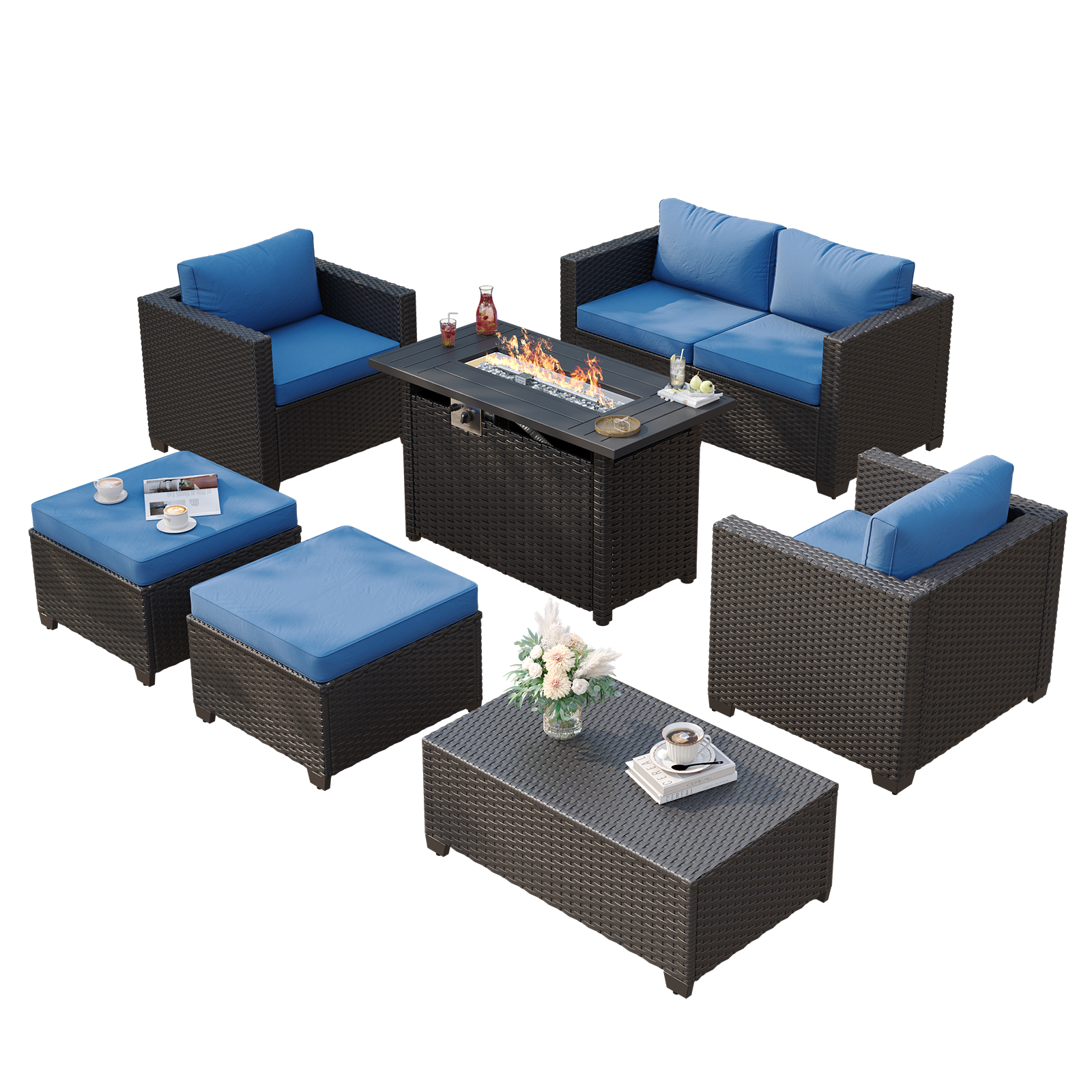 Aoxun Patio Furniture Set with Fire Pit Table, 6 Seats Outdoor Furniture Set with Wicker Ottomans, Rattan Outdoor Sectional Sofa with Thickened Cushion & Waterproof Cover Navy Blue