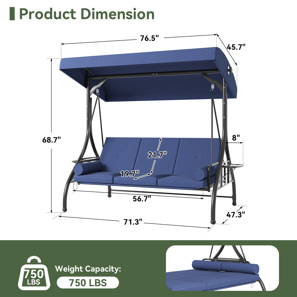 Aoxun Outdoor Porch Swing with Stand and Canopy, 3 Seats Outdoor Swings for Adults, Convertible 2 in 1 Swing Bed with Cup Holder, Patio Swings with Thicken Cushions for Garden, Yard & Balcony