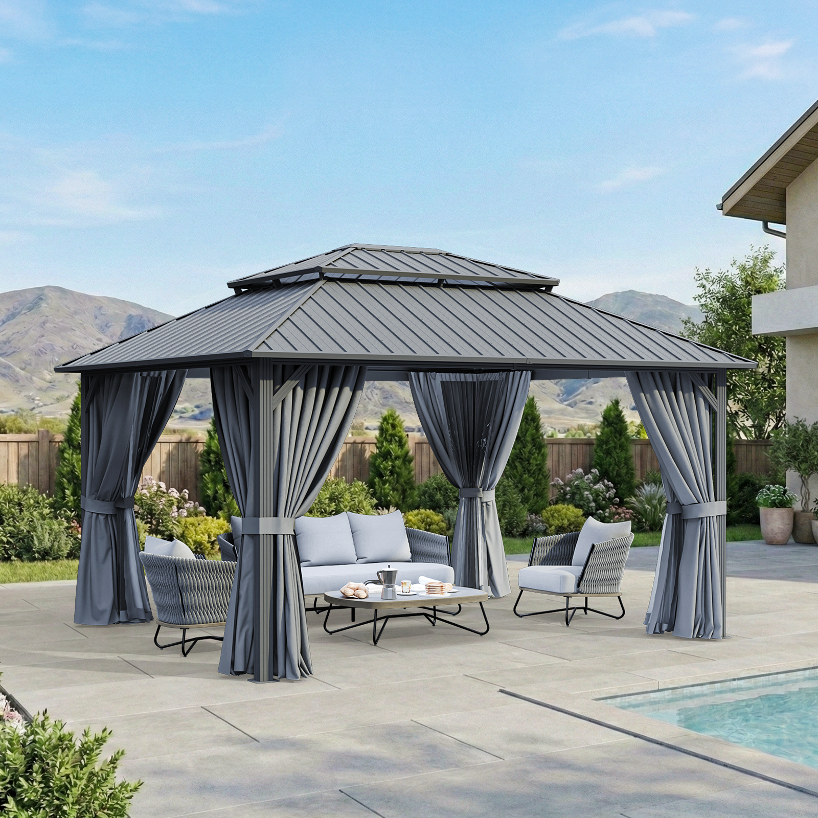 BinpLax 14x12FT Outdoor Gazebo - Heavy Duty Canopy Pavilion with Ventilated Double Roof, Patio Pergola with Netting for Pavilion for Party, Outdoor Dining, Wedding, Gray