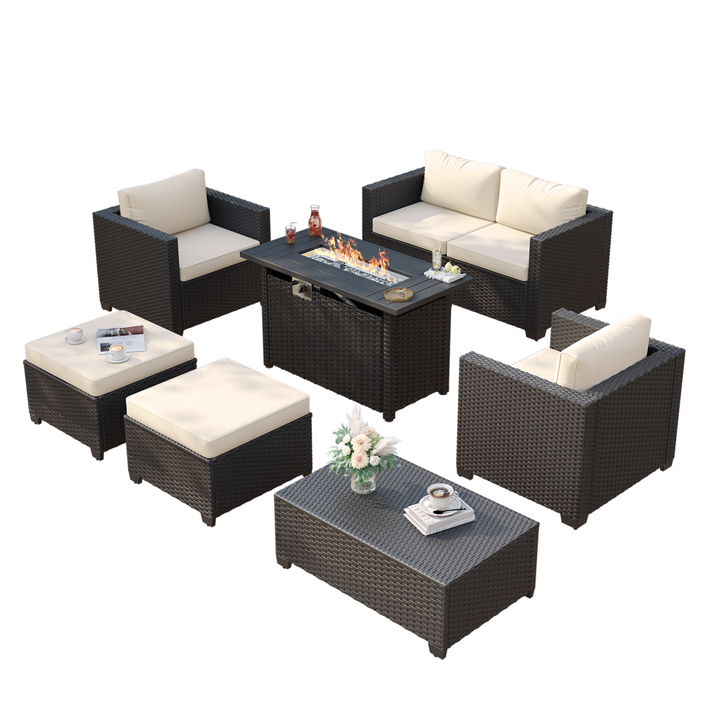 Aoxun Patio Furniture Set with Fire Pit Table, 6 Seats Outdoor Furniture Set with Wicker Ottomans, Rattan Outdoor Sectional Sofa with Thickened Cushion & Waterproof Cover Navy Blue