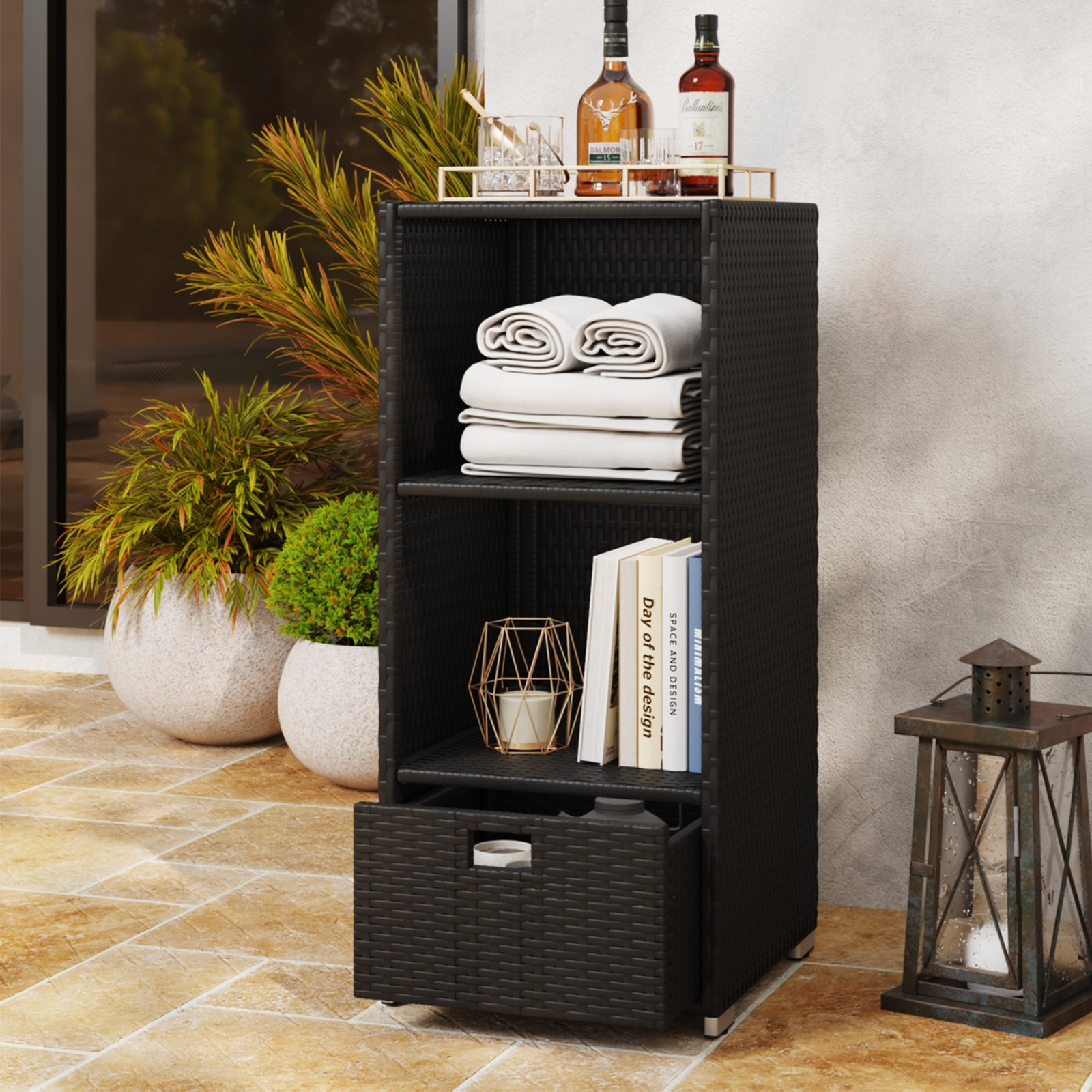 SunSwell Rattan Outdoor Pool Towel Rack Cabinet, Wicker Pool Storage Bins Storage Organizer, 2 Layer Shelf Hot Tub Spa Accessories