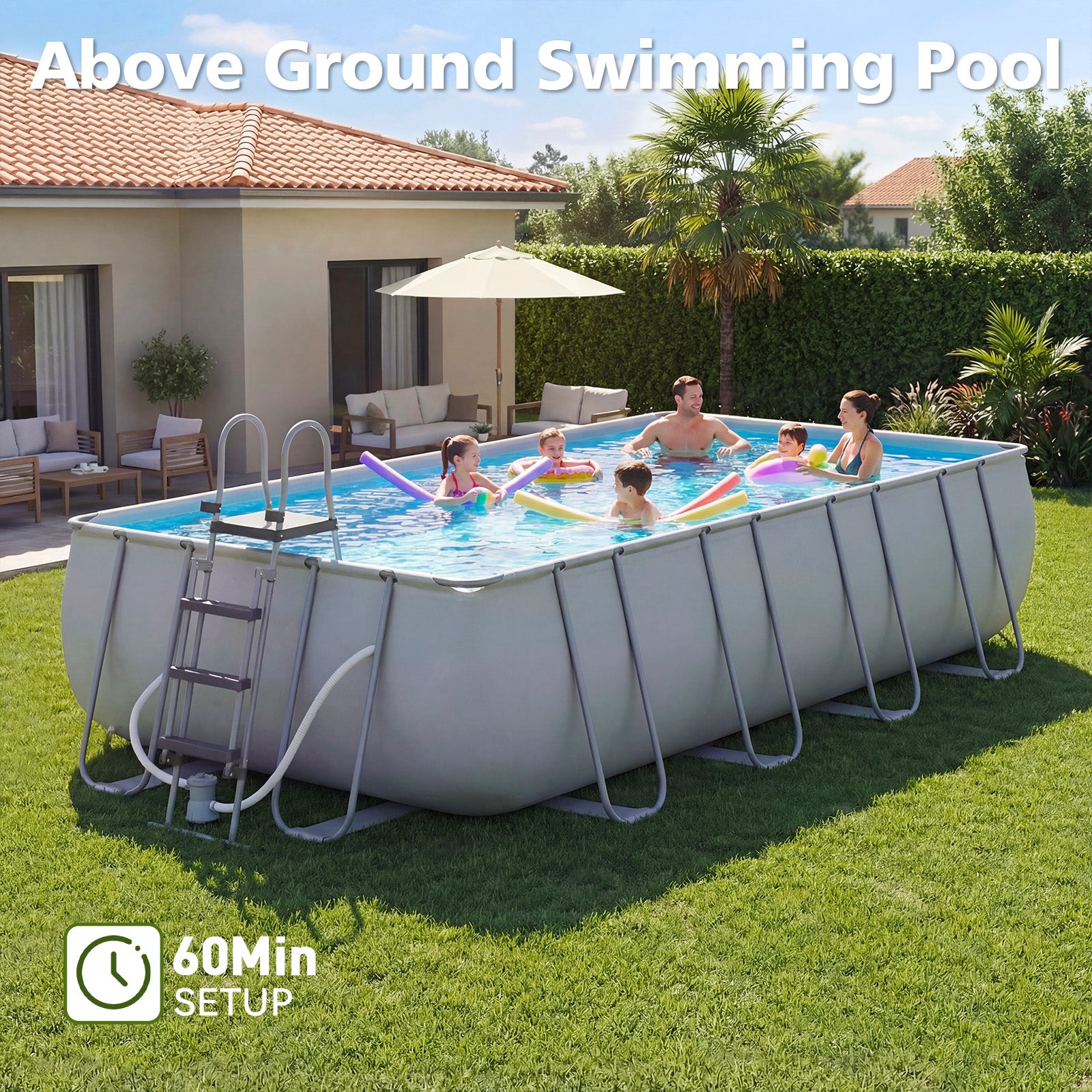 SunSwell 20' x 11' x 47" Rectangular Frame Pool Set with Removable Ladder and Sand Filter Pump, Large Swimming Pool for Backyard and Family, Gray