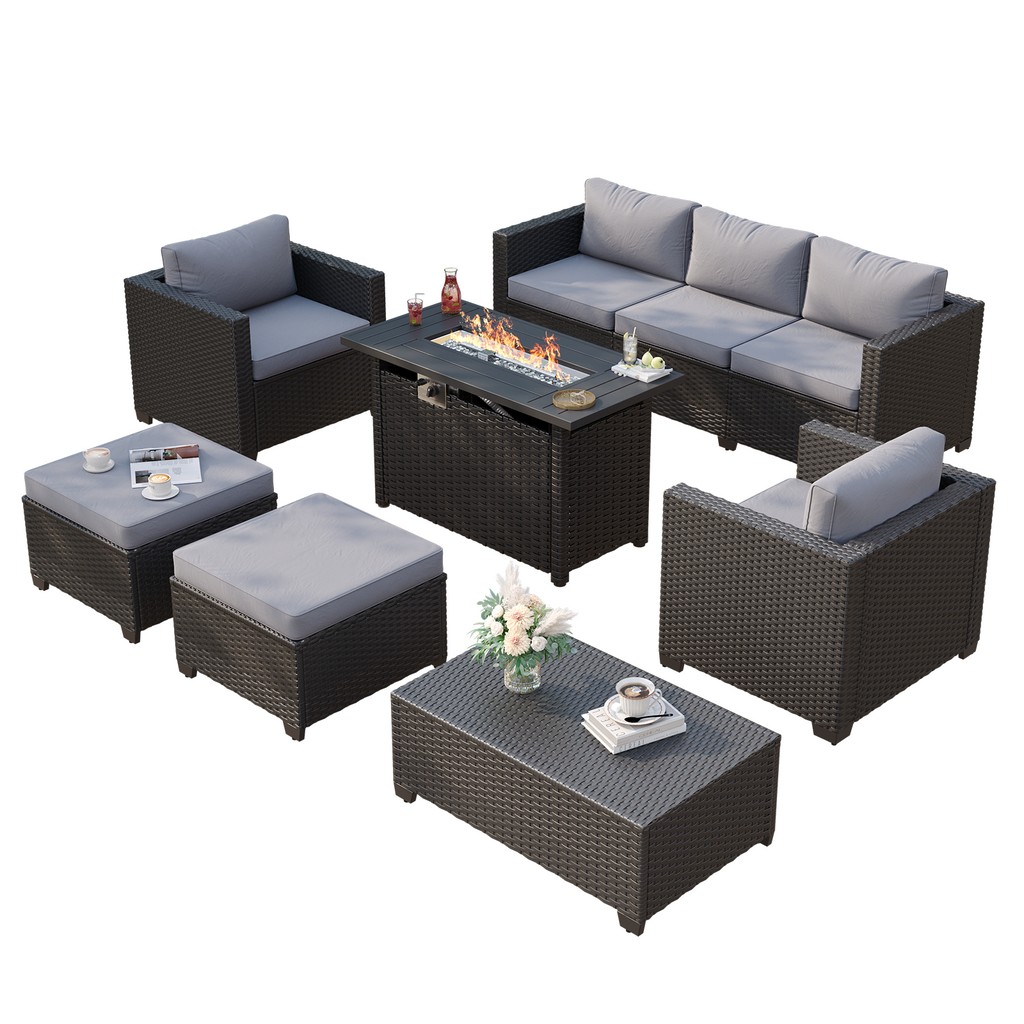 Aoxun Patio Furniture Set with Fire Pit Table, 6 Seats Outdoor Furniture Set with Wicker Ottomans, Rattan Outdoor Sectional Sofa with Thickened Cushion & Waterproof Cover Navy Blue