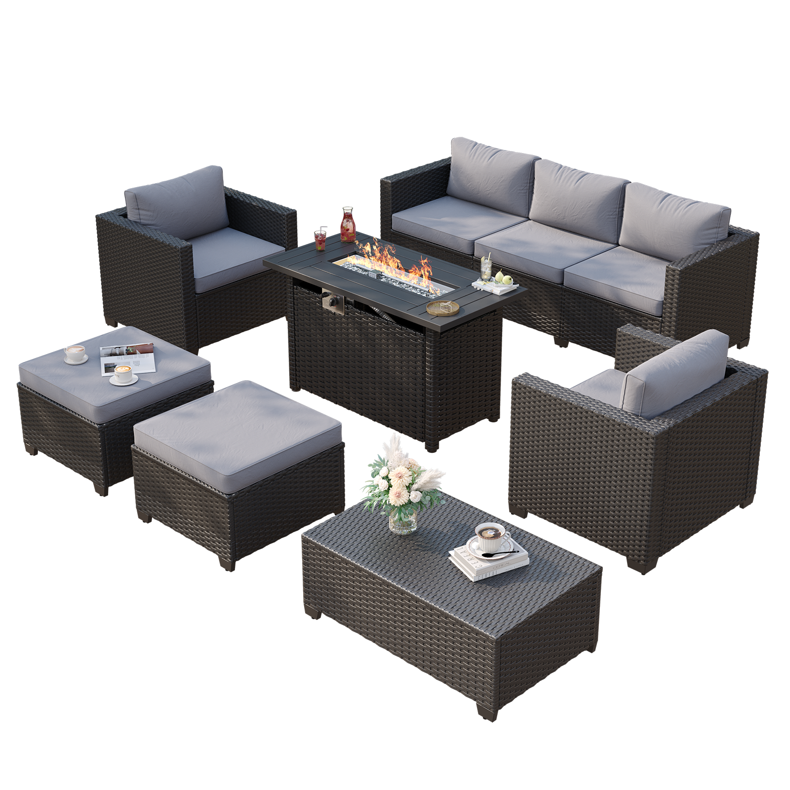 Aoxun Patio Furniture Set with Fire Pit Table, 6 Seats Outdoor Furniture Set with Wicker Ottomans, Rattan Outdoor Sectional Sofa with Thickened Cushion & Waterproof Cover Navy Blue