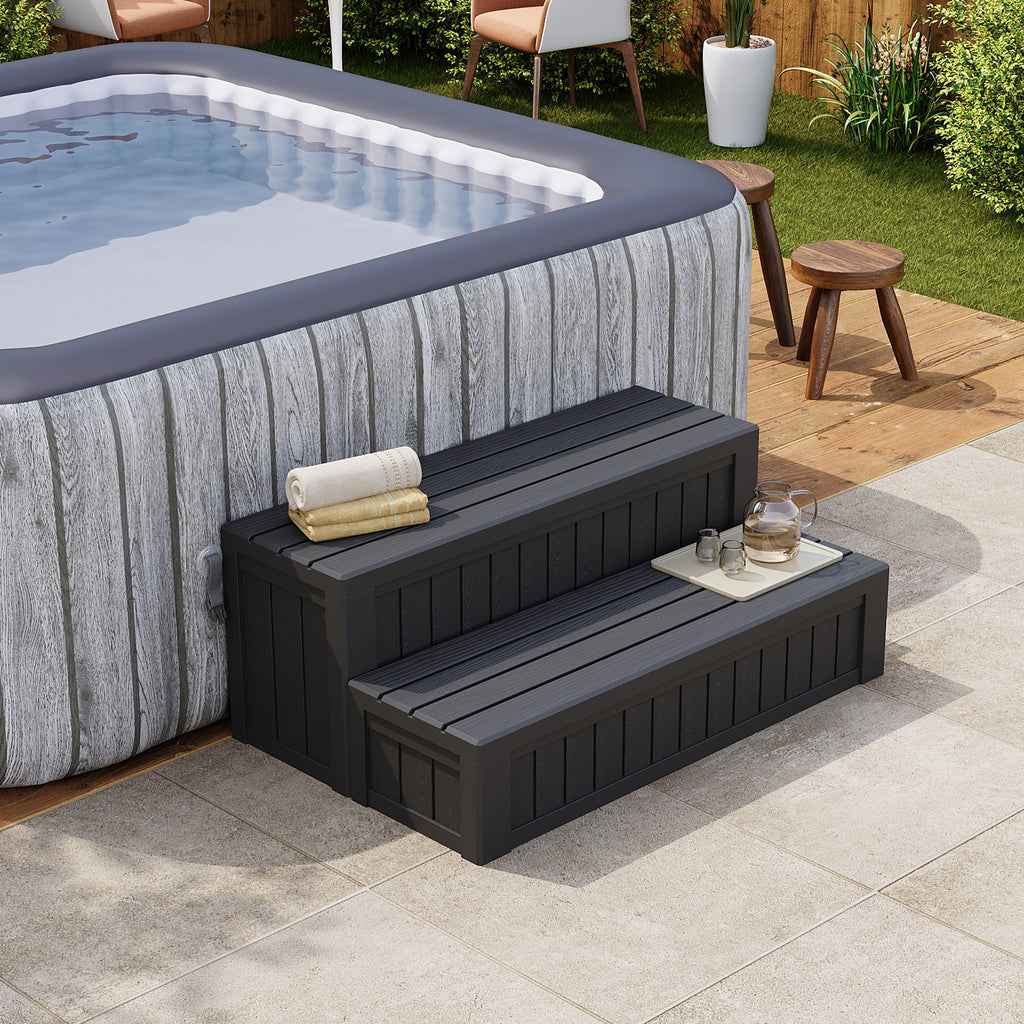 SunSwell Universal Hot Tub Steps Outdoor Spa Stairs with Storage Compartment, Non-Slip Sturdy Waterproof Heavy Duty Porch Step, Wood Looking Indoor Outdoor Use, 600LBS Weight Capacity