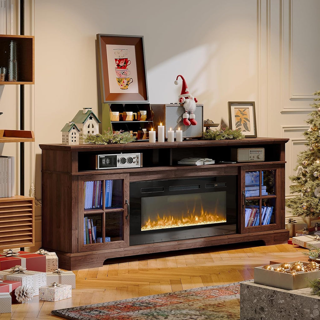 Nordivale 70" Fireplace TV Stand, Modern Entertainment Center for TVs Up to 80”, TV Console with Storage Cabinets, Media Console for Living Room, Brown TV Stand and Black Fireplace