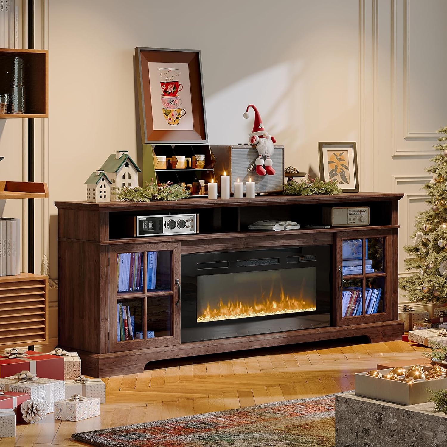 Nordivale 70" Fireplace TV Stand, Modern Entertainment Center for TVs Up to 80”, TV Console with Storage Cabinets, Media Console for Living Room, Brown TV Stand and Black Fireplace
