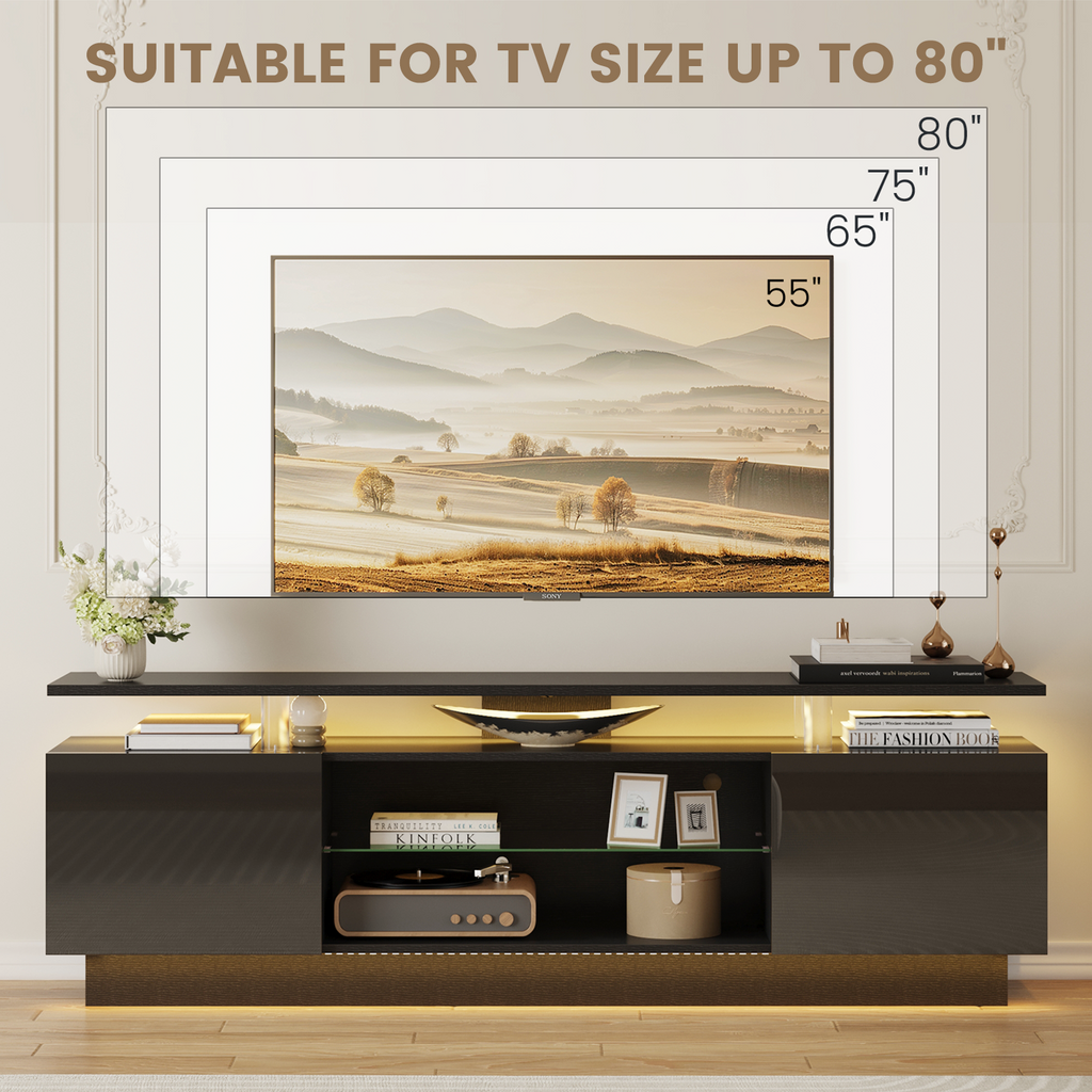Nordivale 70” High-Glossy TV Stand with 2 Side Cabinets, Modern Stylish TV Console with 3 Layer LED Lights,Gaming TV Media Console with Adjustable Glass Shelf, Remote&APP Control, Black