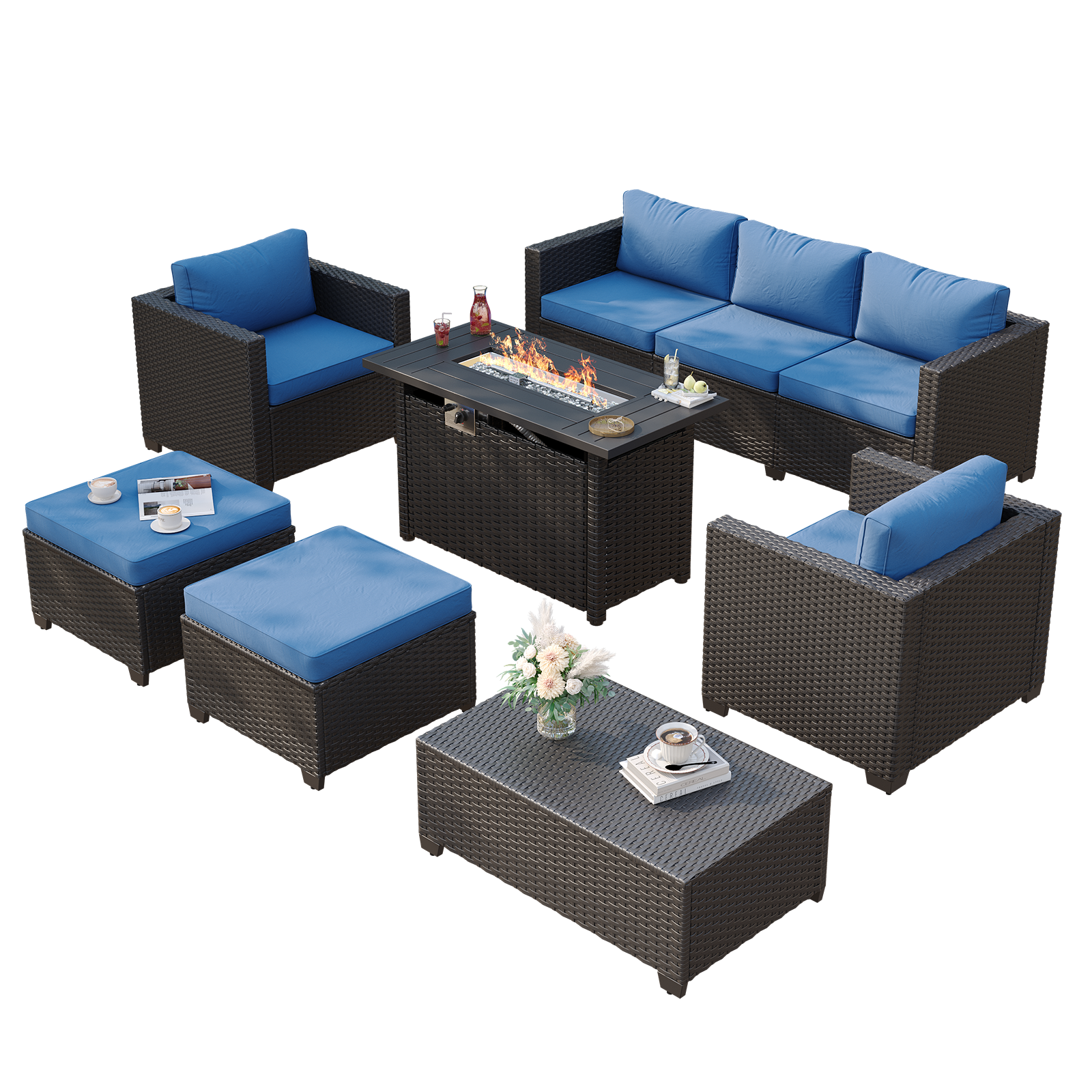 Aoxun Patio Furniture Set with Fire Pit Table, 6 Seats Outdoor Furniture Set with Wicker Ottomans, Rattan Outdoor Sectional Sofa with Thickened Cushion & Waterproof Cover Navy Blue