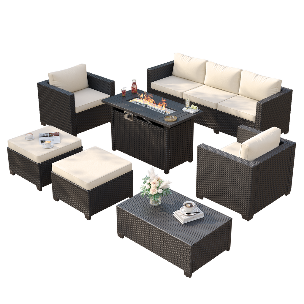 Aoxun Patio Furniture Set with Fire Pit Table, 6 Seats Outdoor Furniture Set with Wicker Ottomans, Rattan Outdoor Sectional Sofa with Thickened Cushion & Waterproof Cover Navy Blue