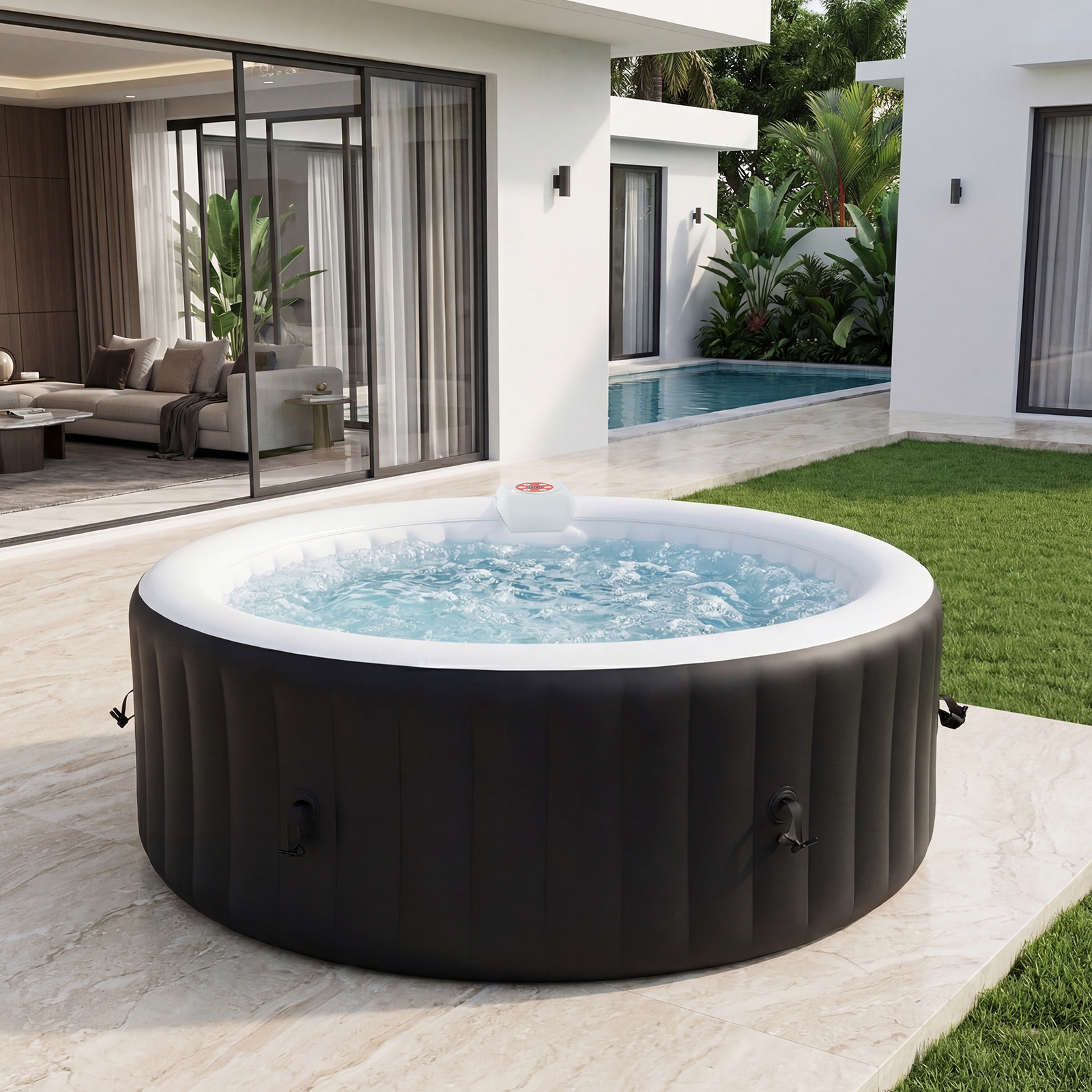 SunSwell 71" Inflatable Hot Tub, Round Portable Outdoor Spa with 120 Soothing Air Jets, Heater Pump, Insulated Cover and Filter System, Leak-Proof PVC Blow Up Hot Tub for Backyard, 4 Person, Black