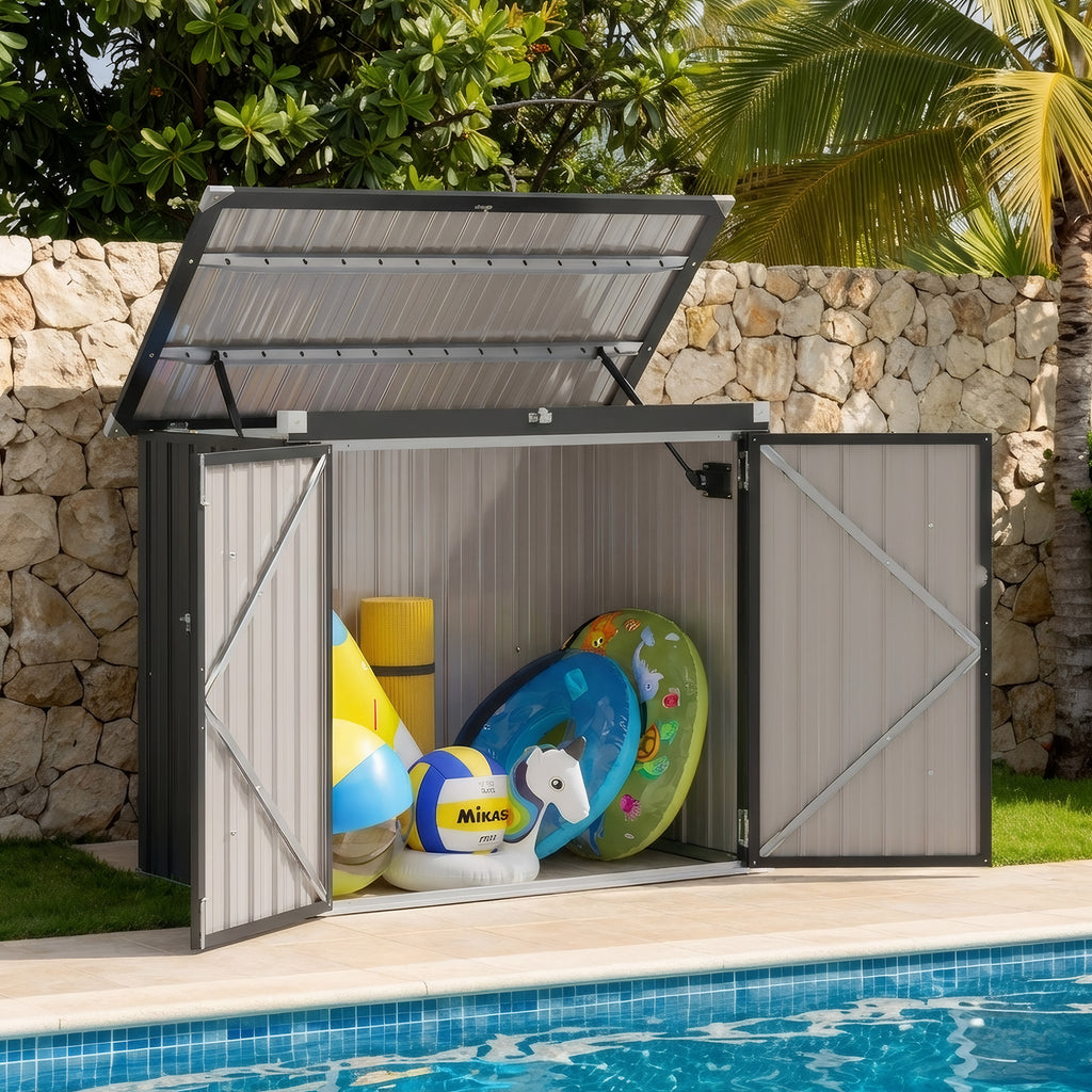 50 Cu. Ft Outdoor Trash Can Shed with Pneumatic Support Rod, 5x2.6 Ft Outdoor Storage Shed w/Lockable Doors & Waterproof Lid Chain,Ideal for 2 Trash Bins for Patio/Garden/Backyard