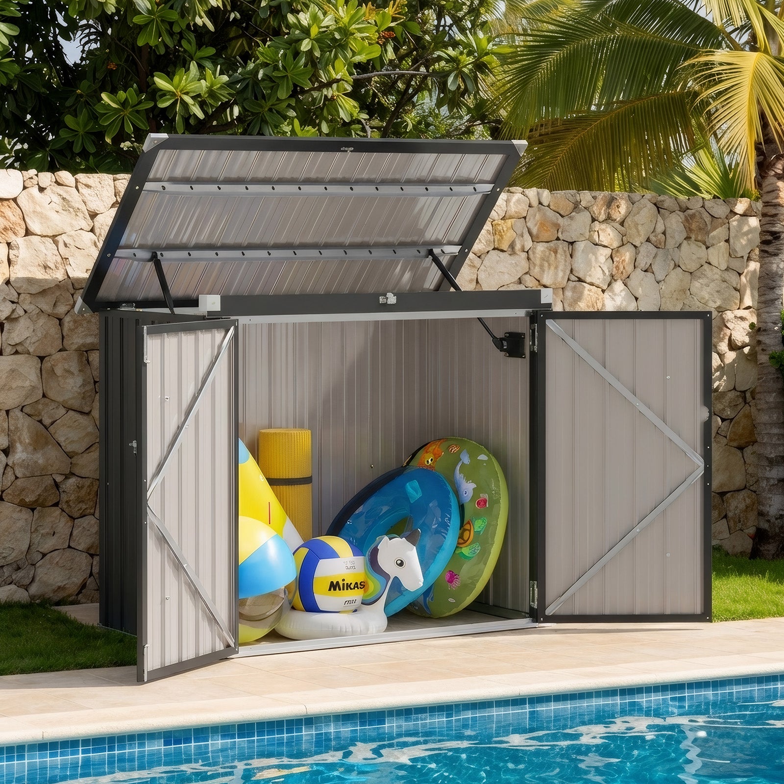 50 Cu. Ft Outdoor Trash Can Shed with Pneumatic Support Rod, 5x2.6 Ft Outdoor Storage Shed w/Lockable Doors & Waterproof Lid Chain,Ideal for 2 Trash Bins for Patio/Garden/Backyard