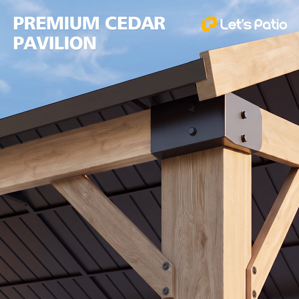 Wood Gazebo 12x16 Hardtop Gazebo with Gable Roof & Power Outlet Cedar Wood Permanent Pavilion with 4.7" Thickened Posts & Sturdy Hooks, Heavy Duty Outdoor Gazebo for Backyard, Garden, Deck
