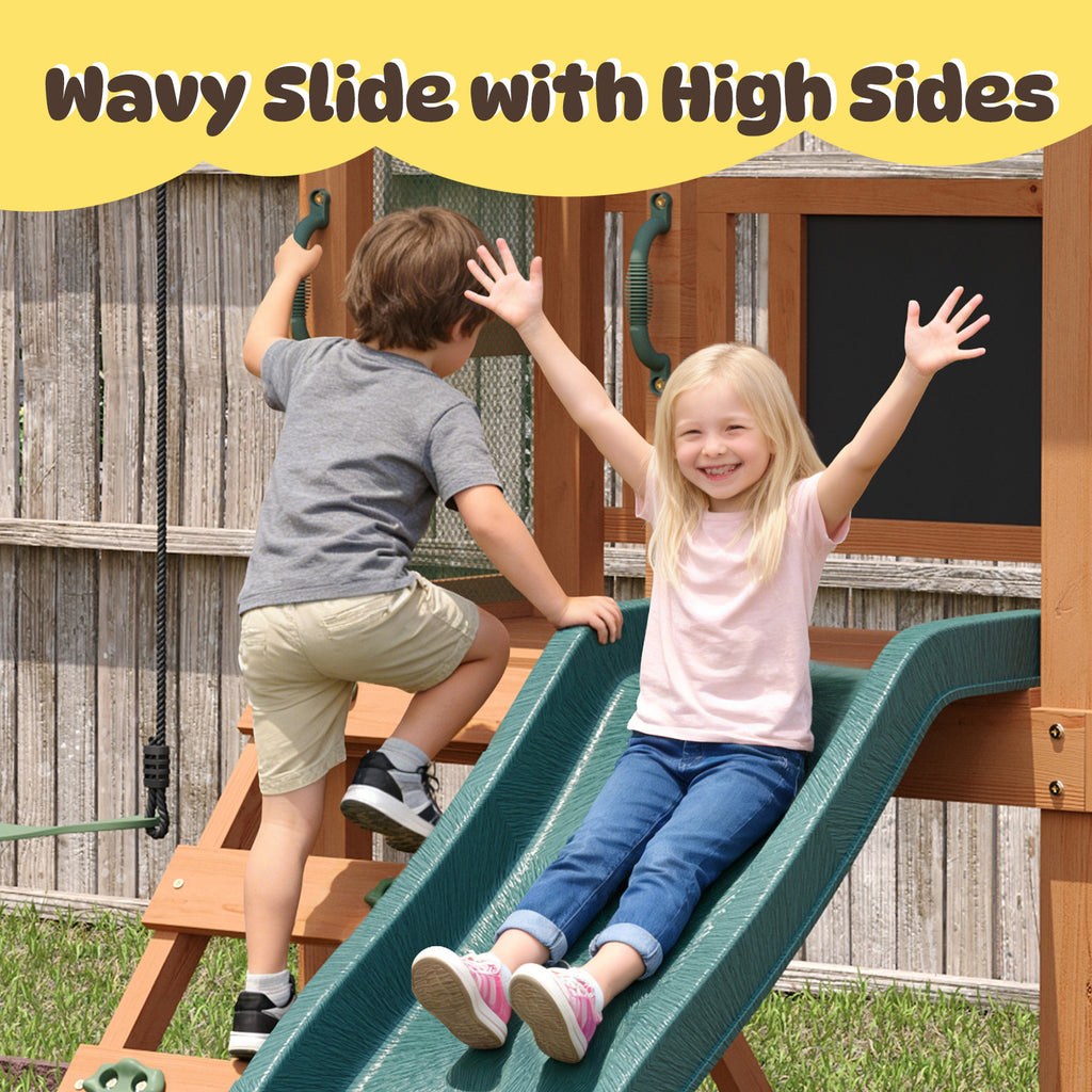 SunSwell Wooden Swing Sets for Backyard - Playground Sets for Backyards, Outdoor Playset with 6 FT Wave Slide, Play Deck, Rock Wall Ladder, 2 Belt Swings, Chalkboard, Canopy Roof, Green