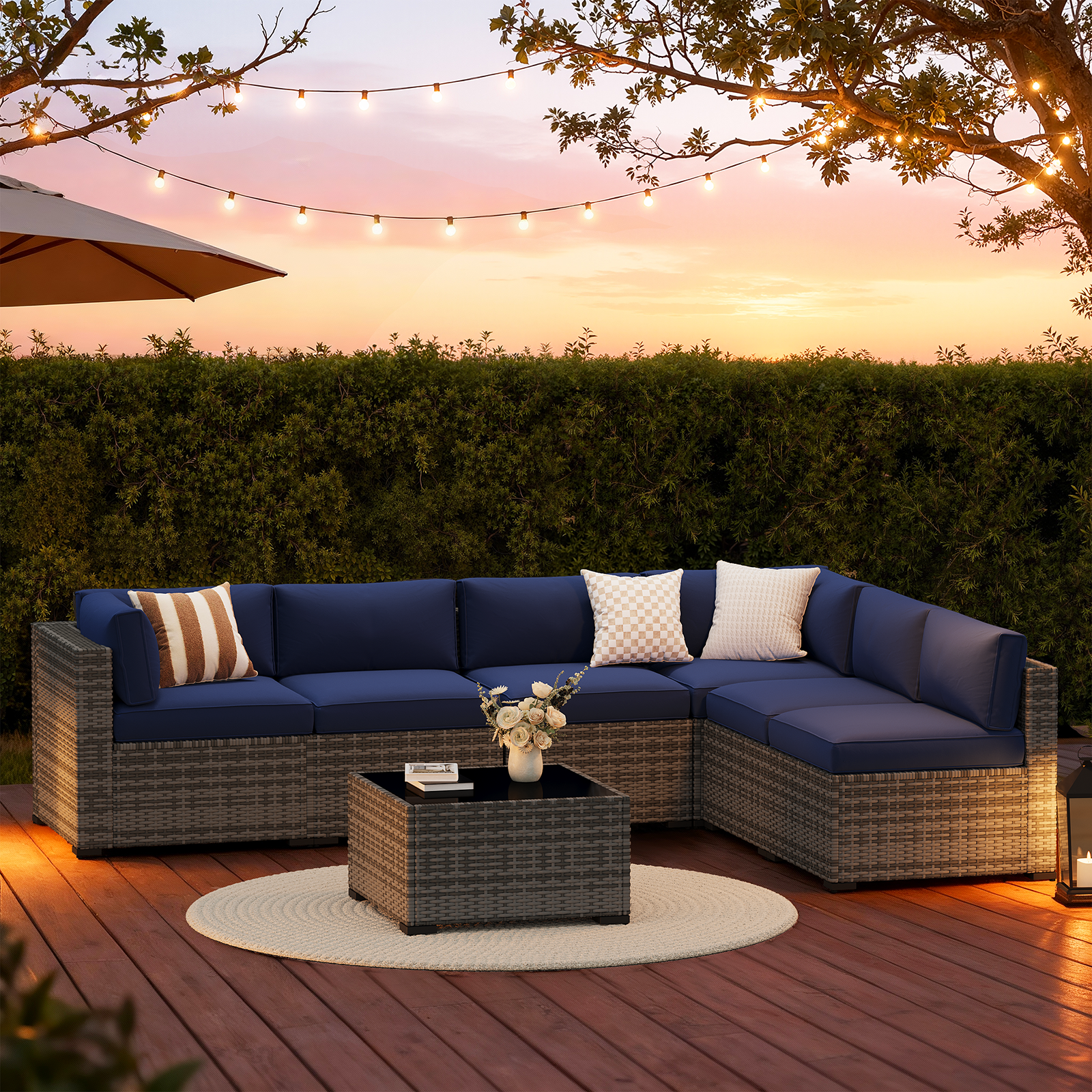 LazySunsets 7-Piece Patio Furniture Set, Wicker Rattan Outdoor Furniture with Thick Cushions, Patio Conversation Sets with Coffee Table, Outdoor Sectional Couch Sofa with Waterproof Cover